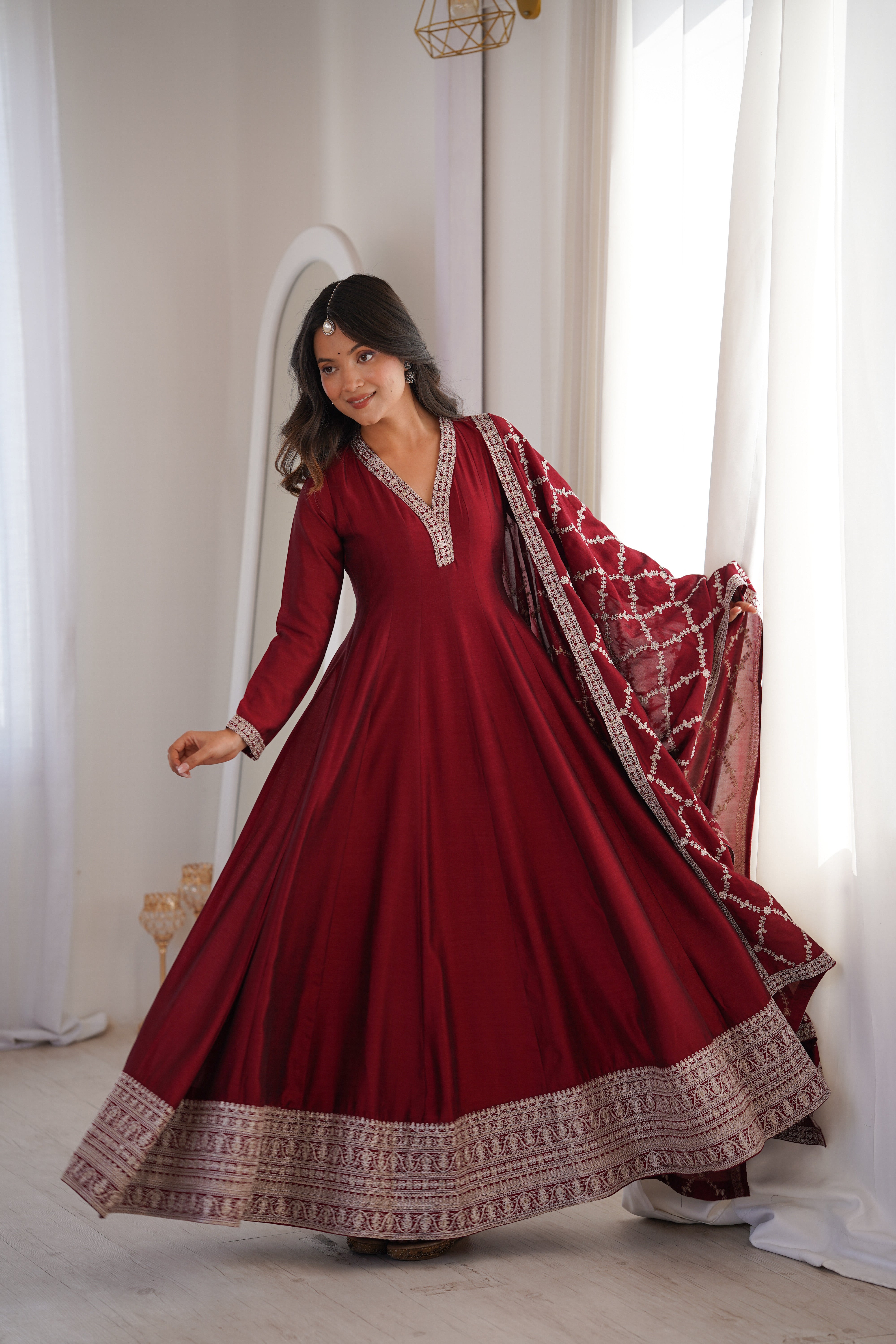 Dark Maroon Pure Vichitra Silk Kali Pattern Anarkali Gown – Festive Designer Anarkali