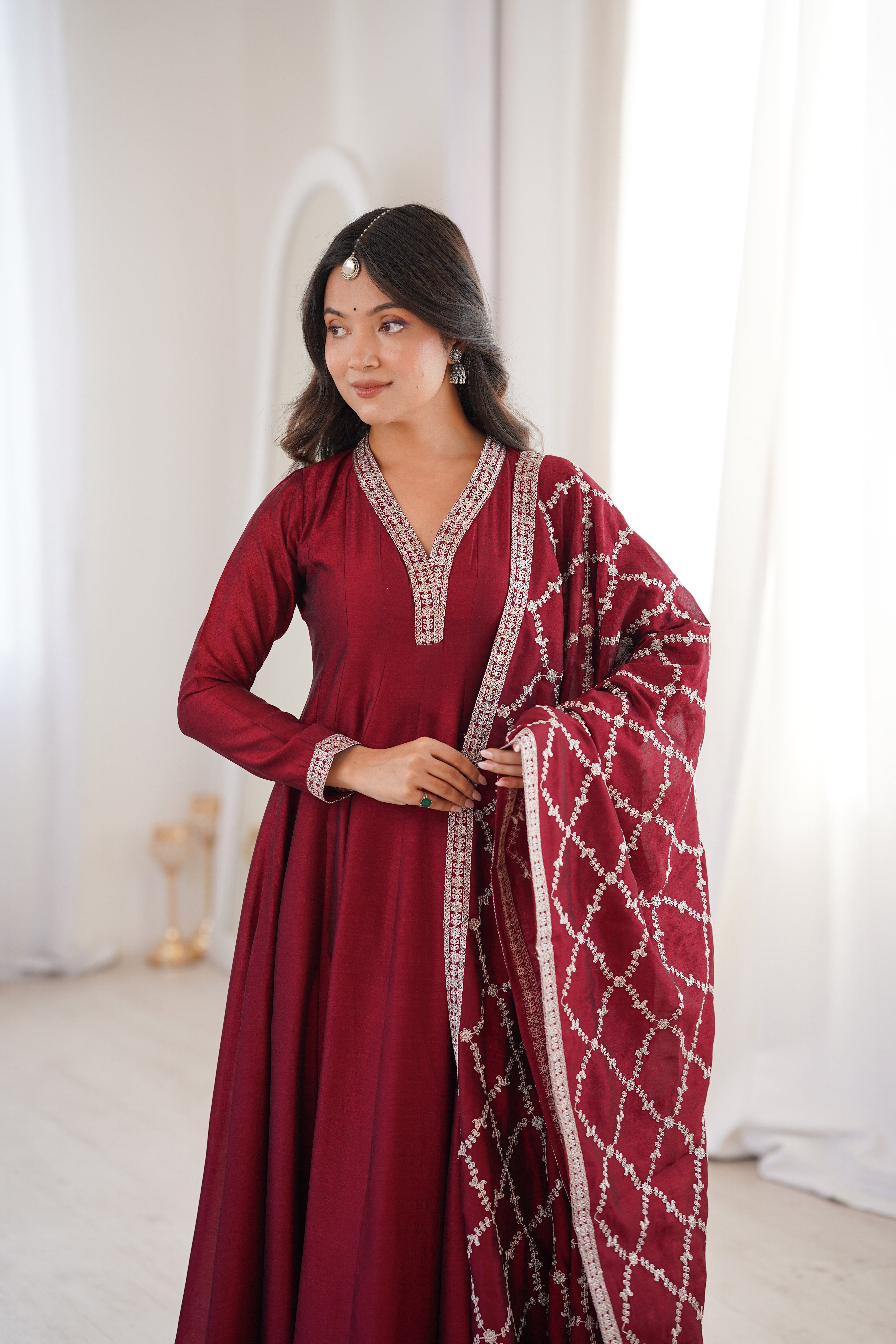 Dark Maroon Pure Vichitra Silk Kali Pattern Anarkali Gown – Festive Designer Anarkali
