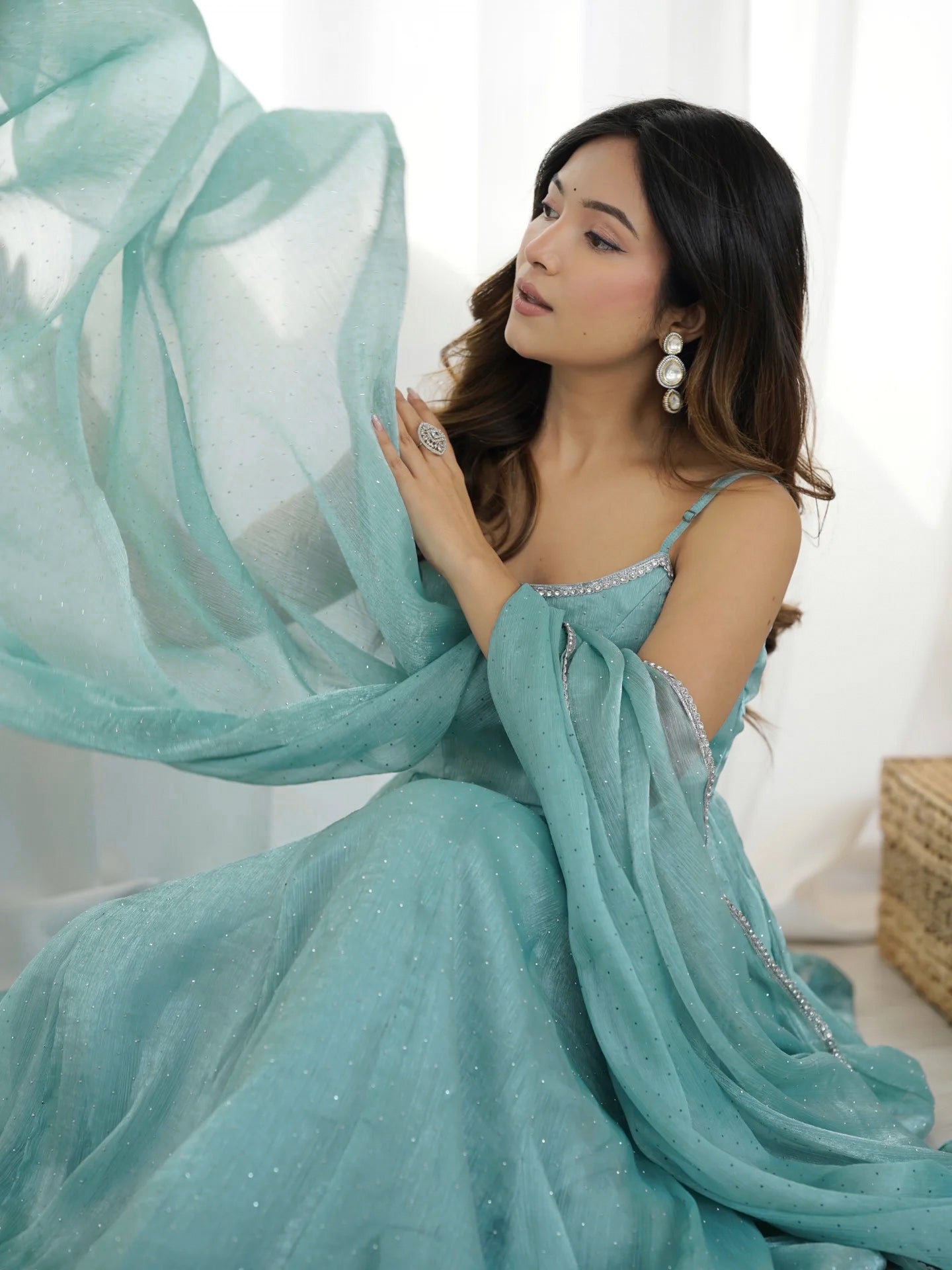 Crunchy silk Anarkali set sea green with kali flare and lace edged dupatta
