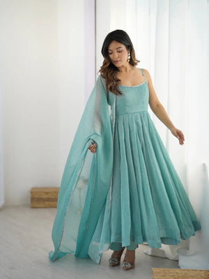 Designer sea green crunchy silk flared Anarkali with pants and sheer dupatta
