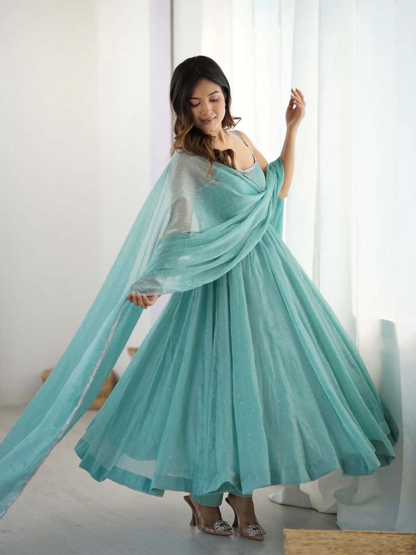Sea green crunchy silk fully flared Anarkali suit with Swarovski work and dupatta
