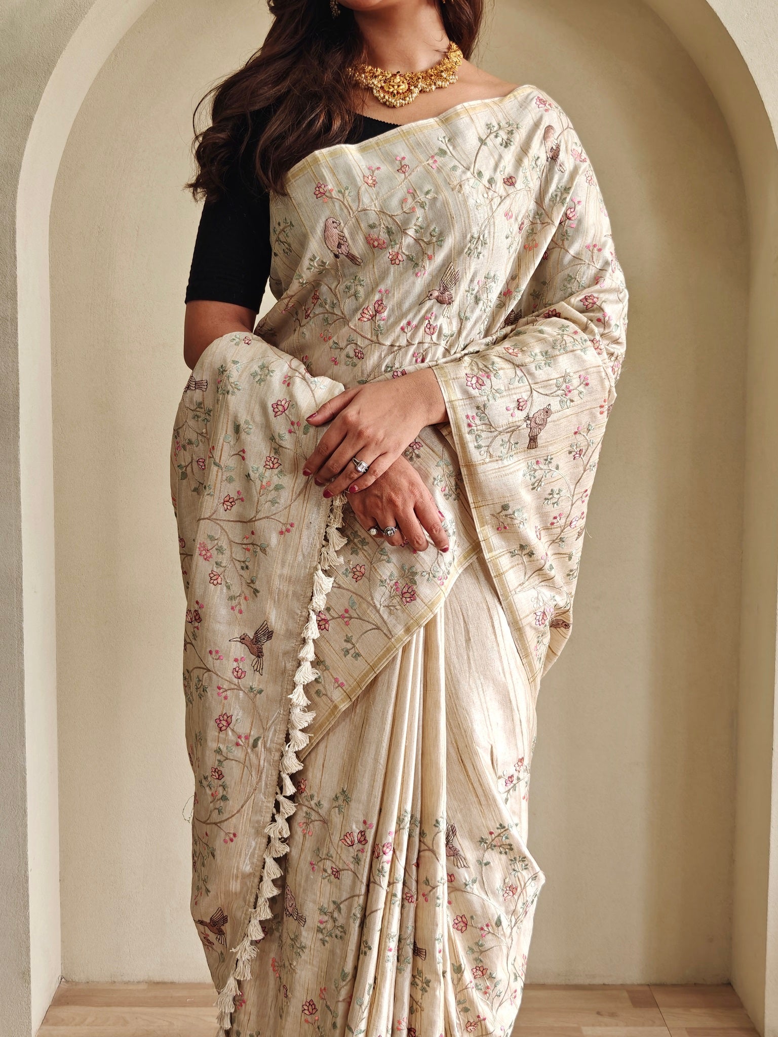 Cream Beige Handloom Pure Tussar Silk Saree With Delicate Floral Jaal Work & Tassels