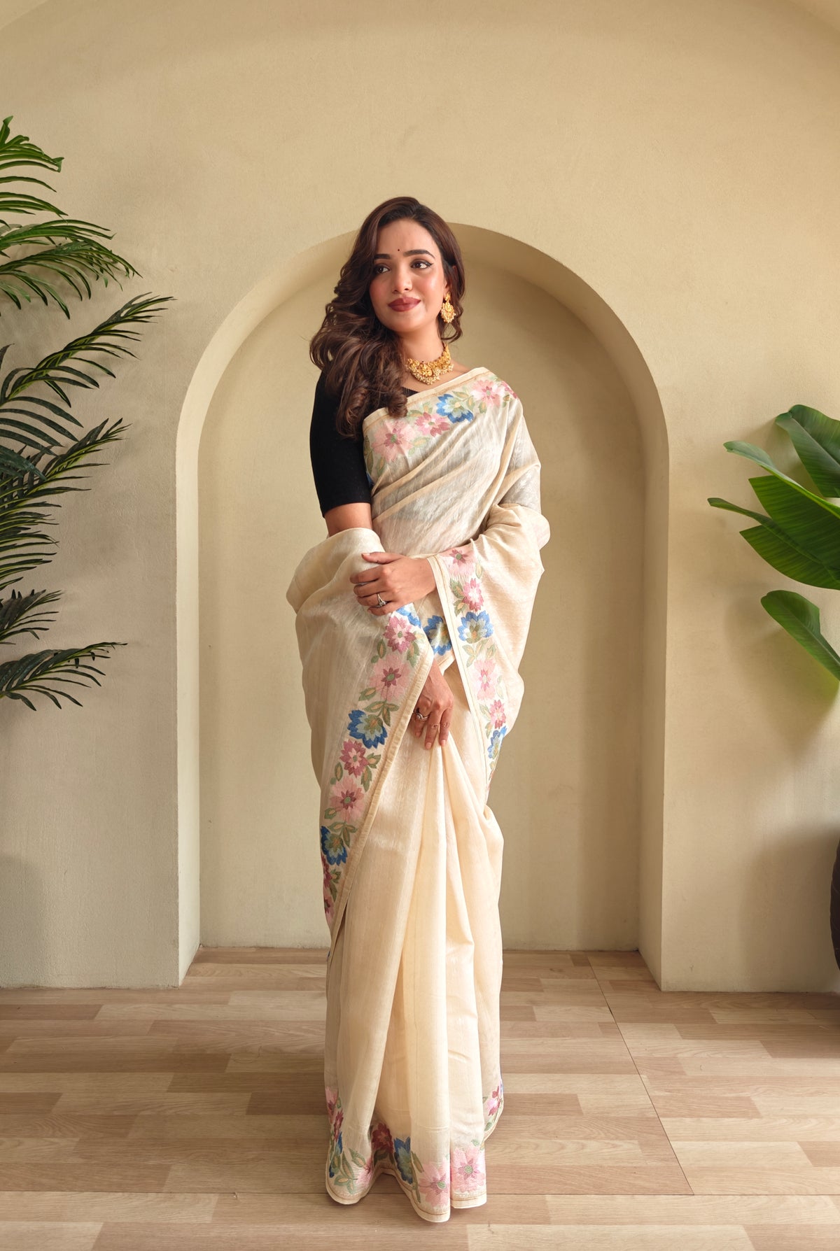 Cream Pure Tussar Silk Saree With Pastel Floral Embroidery Borders