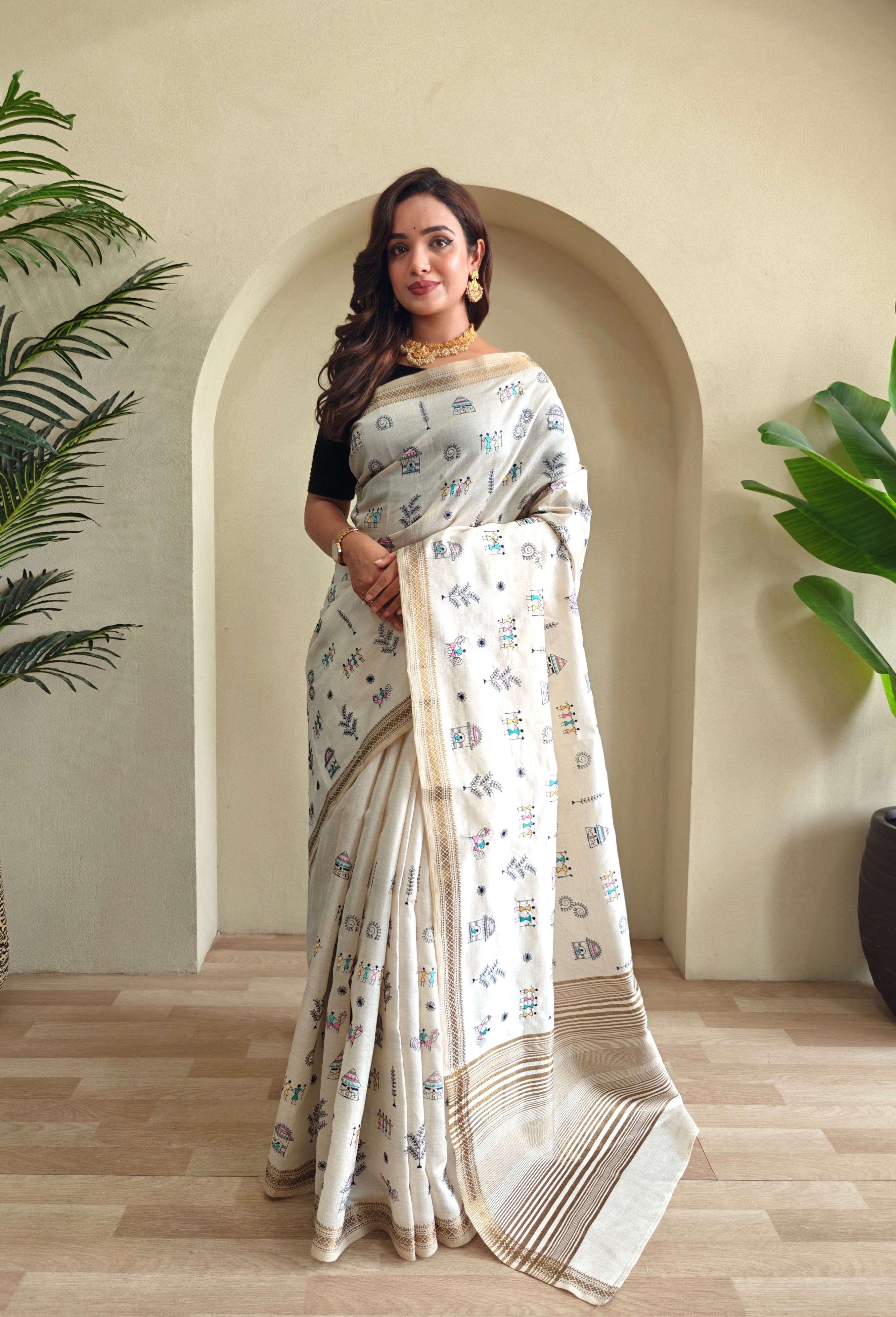 Off White Pure Handloom Tussar Silk Saree With Tribal Motif Embroidery & Zari Border