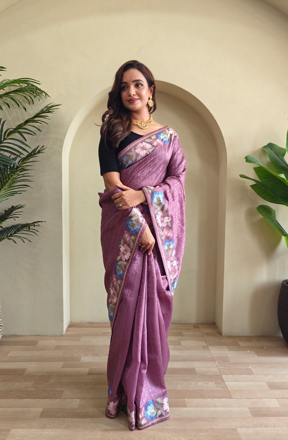Mauve Purple Pure Tussar Silk Saree With Floral Embroidery Borders