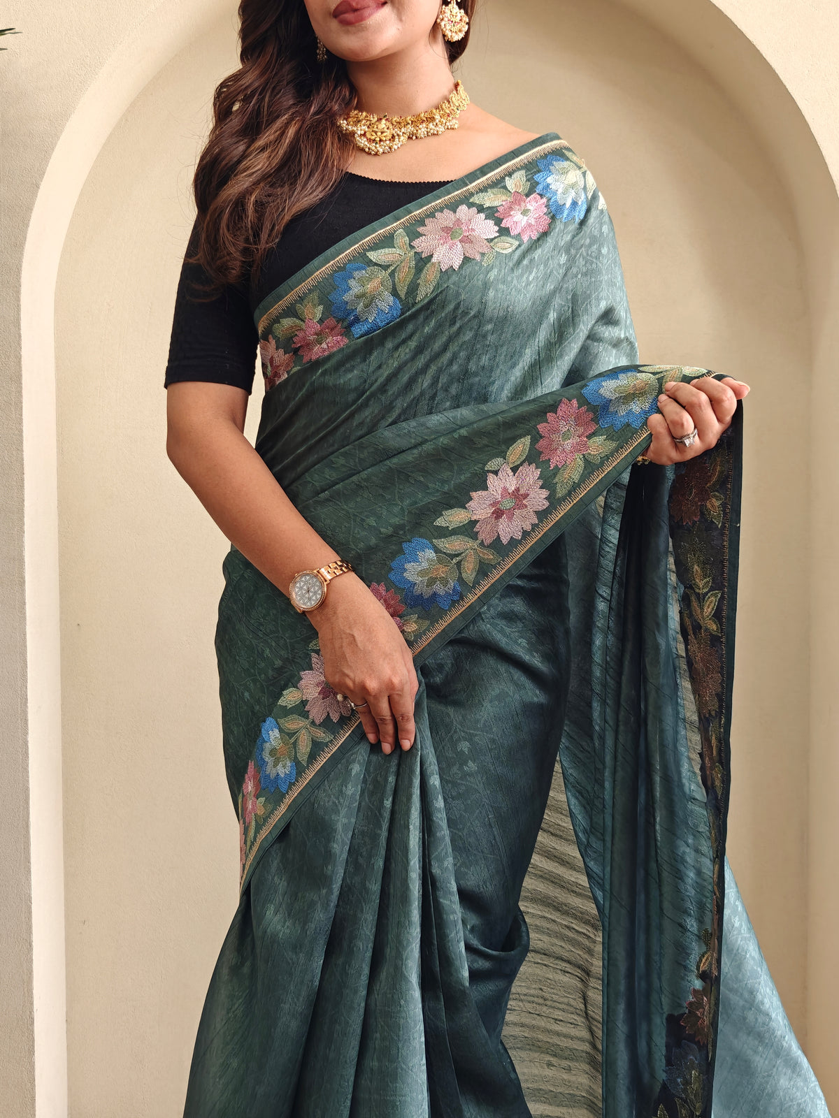 Teal Green Pure Tussar Silk Saree With Floral Embroidery Borders