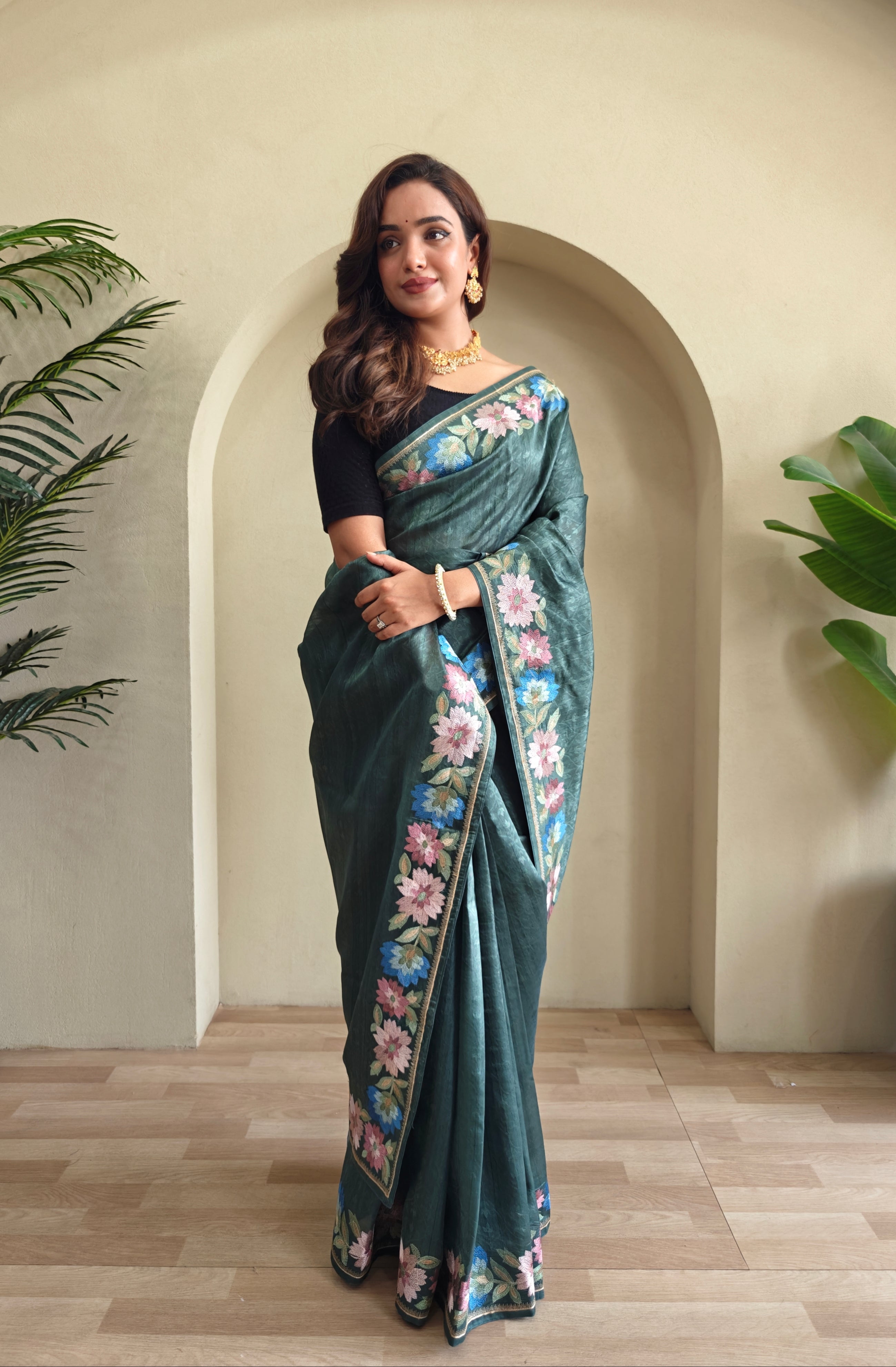 Teal Green Pure Tussar Silk Saree With Floral Embroidery Borders