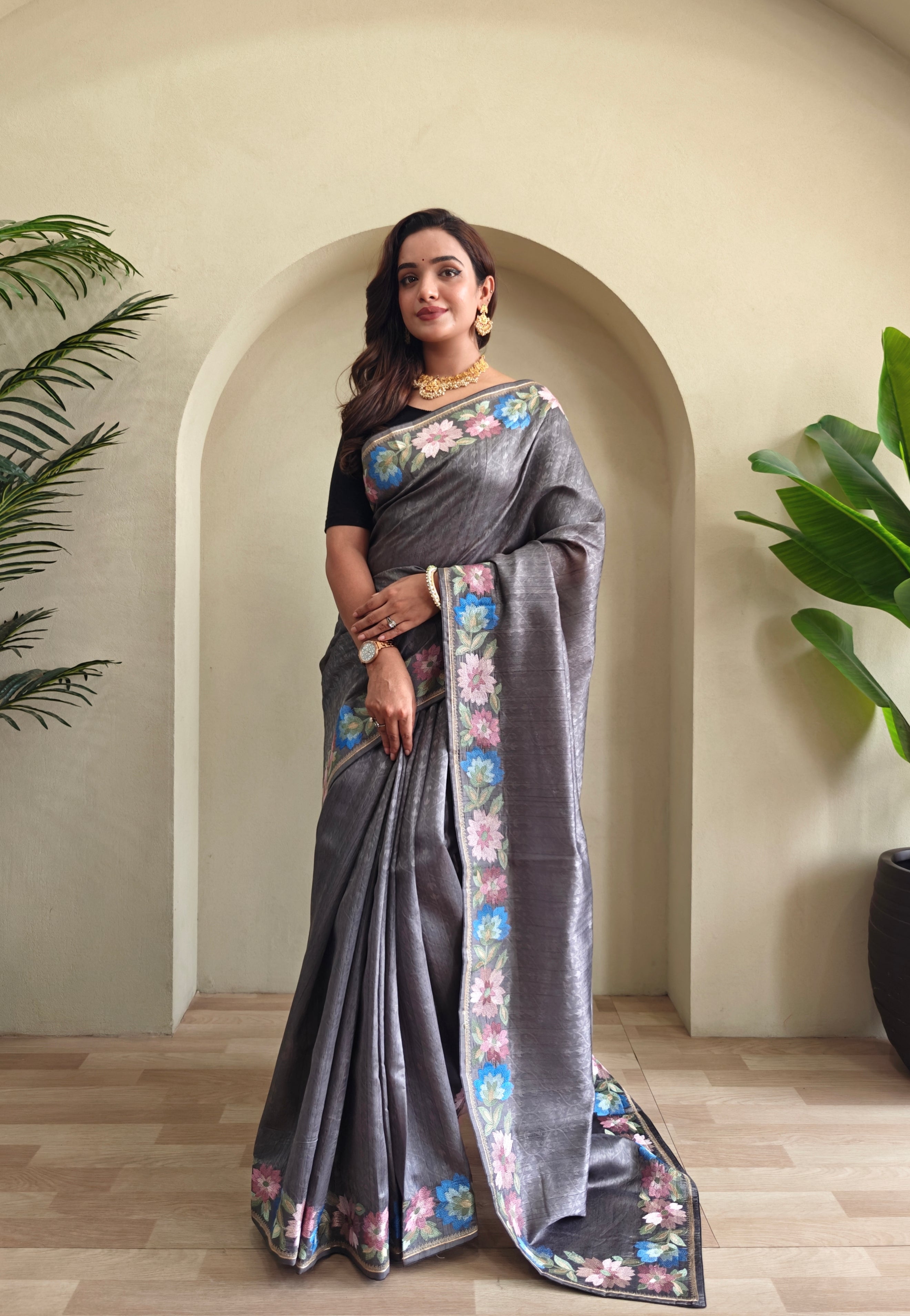Charcoal Grey Pure Tussar Silk Saree With Floral Embroidery Borders