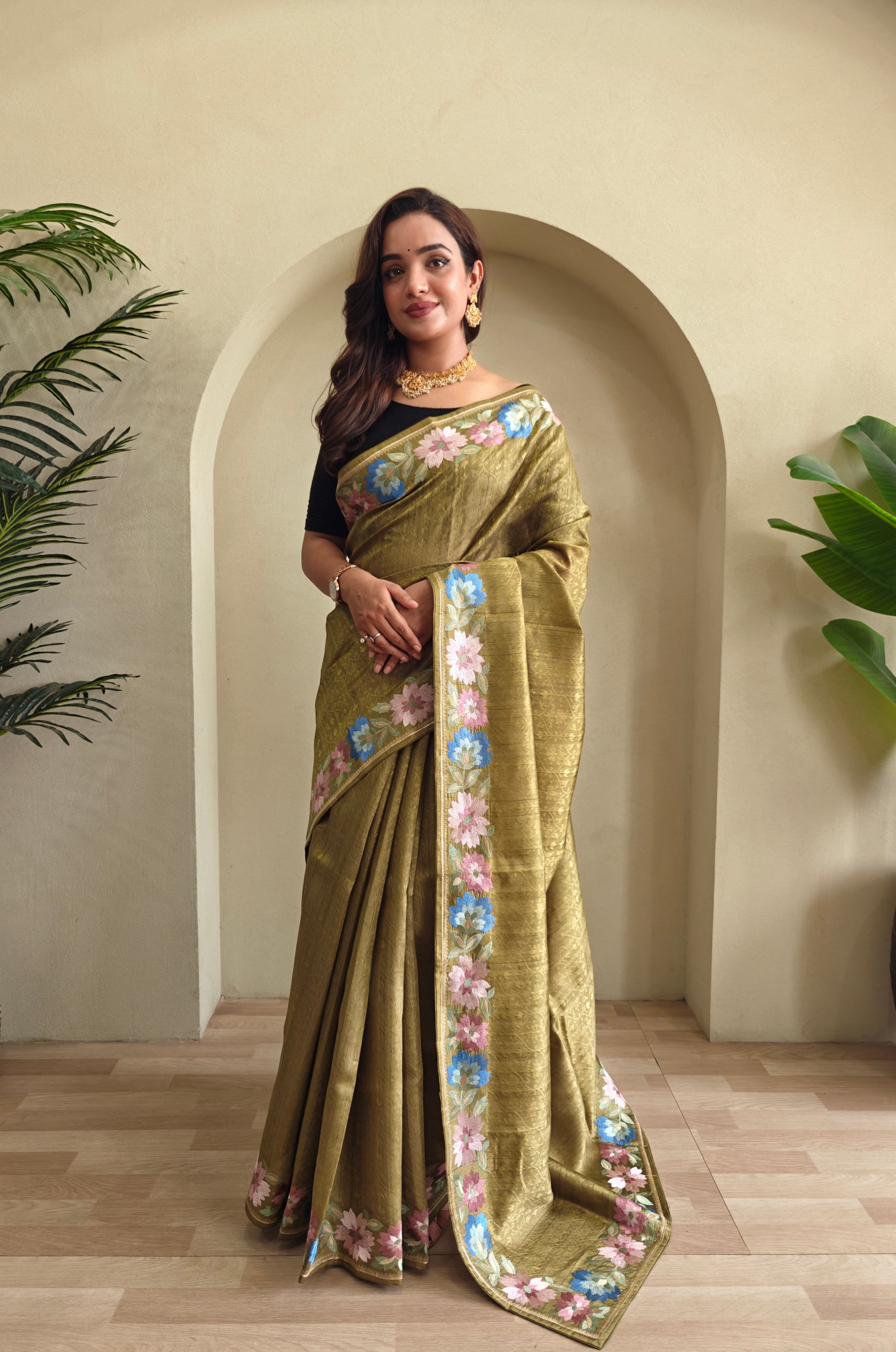 Olive Green Pure Tussar Silk Saree With Floral Embroidery Borders