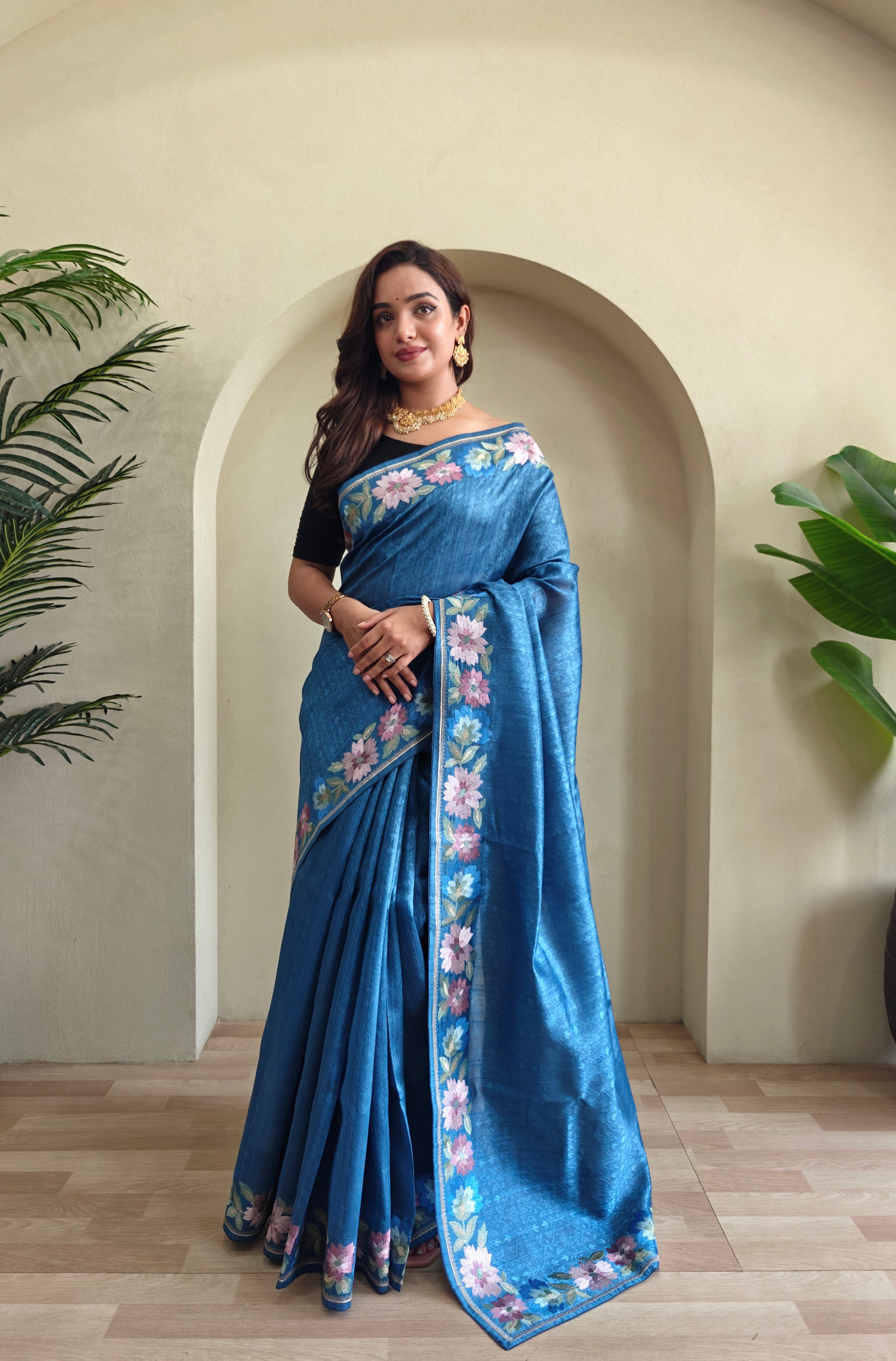 Royal Blue Pure Tussar Silk Saree With Floral Embroidery Borders