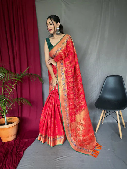 Beautiful Bandhej Patola Silk Woven Saree Red