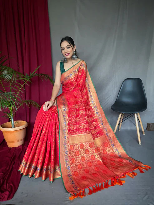 Beautiful Bandhej Patola Silk Woven Saree Red