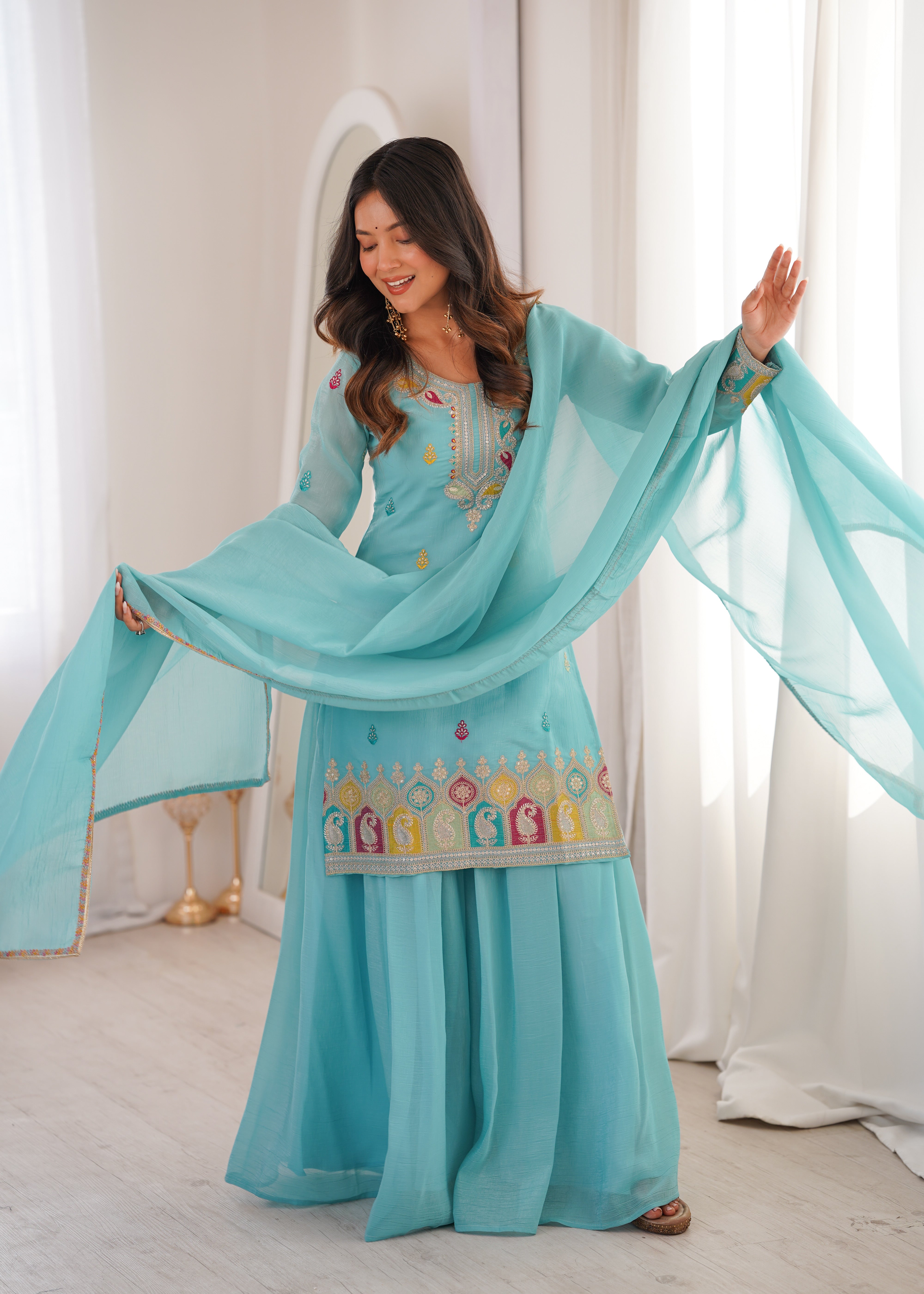 Sky Blue Pure Soft Silk Fancy Embroidery Sequence & Jari Work Sharara – Designer Festive Sharara Suit