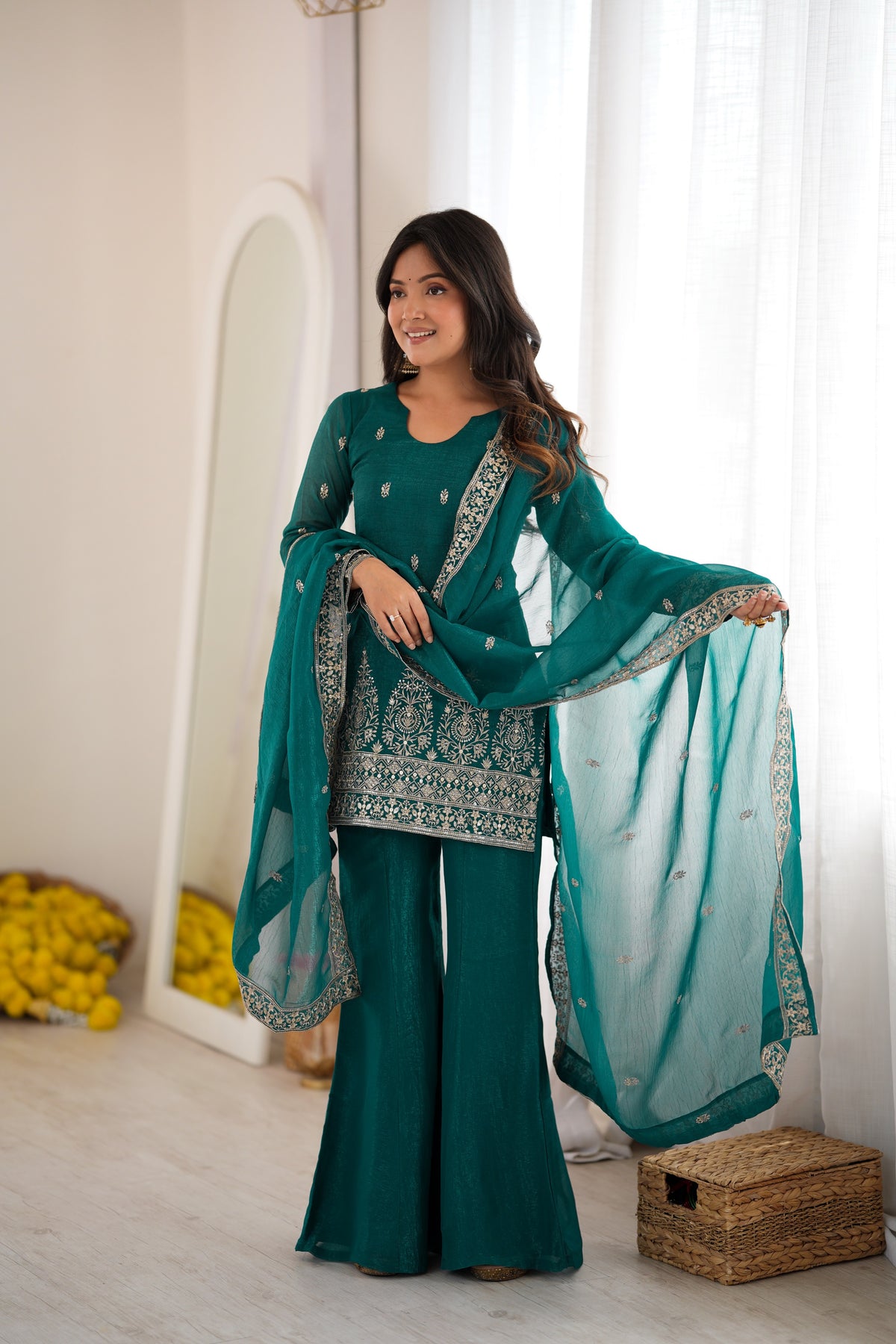 Teal Green Crunchy Silk Embroidery Sequin & Zari Work Kurti With Flared Sharara & Dupatta Set
