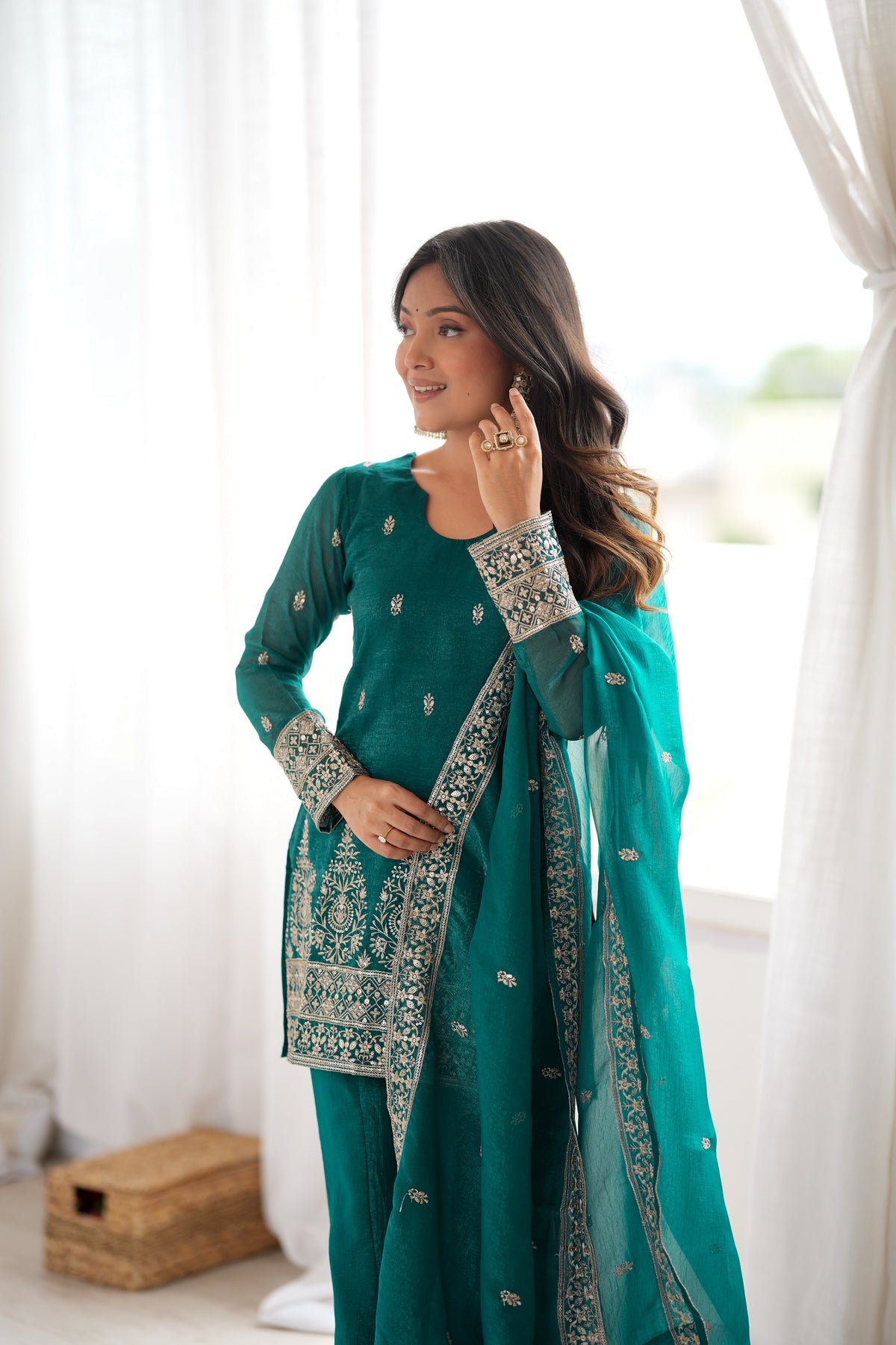 Teal Green Crunchy Silk Embroidery Sequin & Zari Work Kurti With Flared Sharara & Dupatta Set