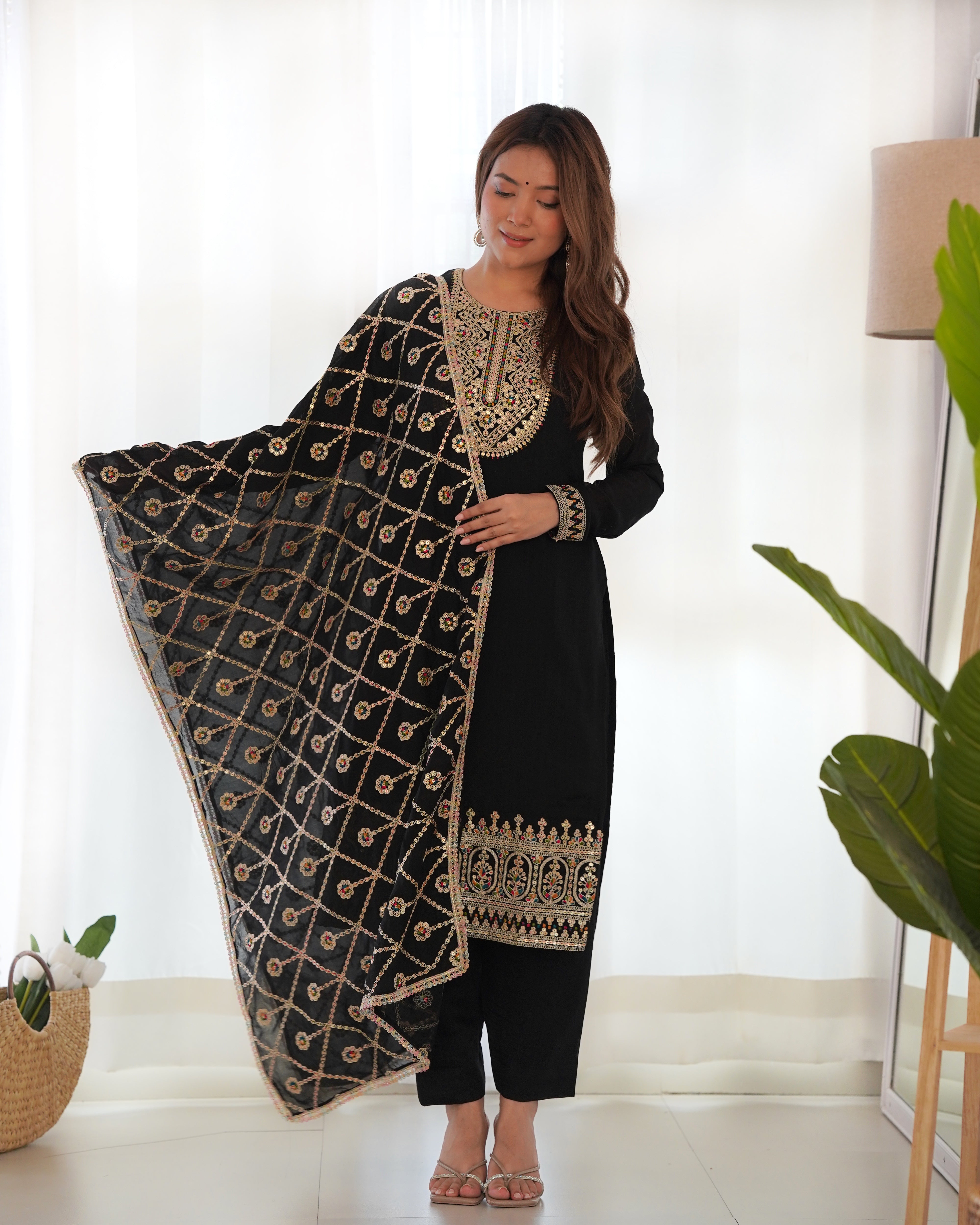 Black Pure Blooming Vichitra Silk Fabric With Beautiful Embroidery Sequence and Dori Salwar Suit