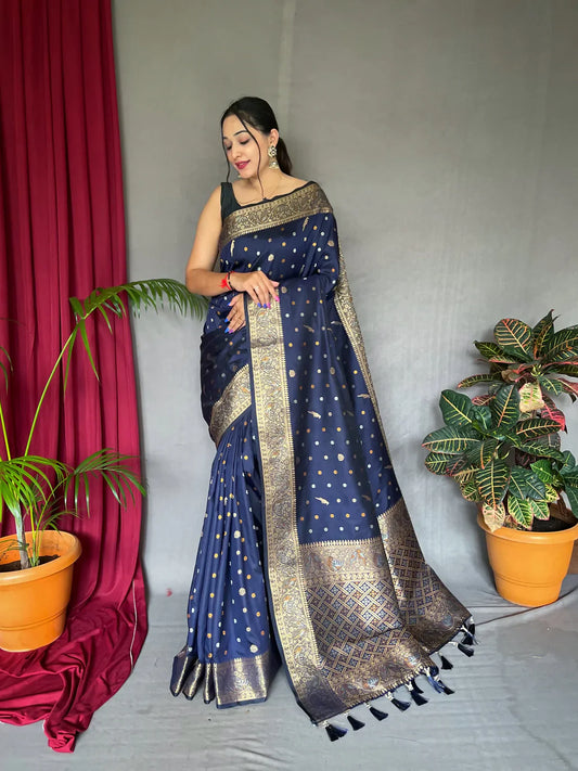 Soft Silk Multi Color Zari Woven Saree Dark Blue