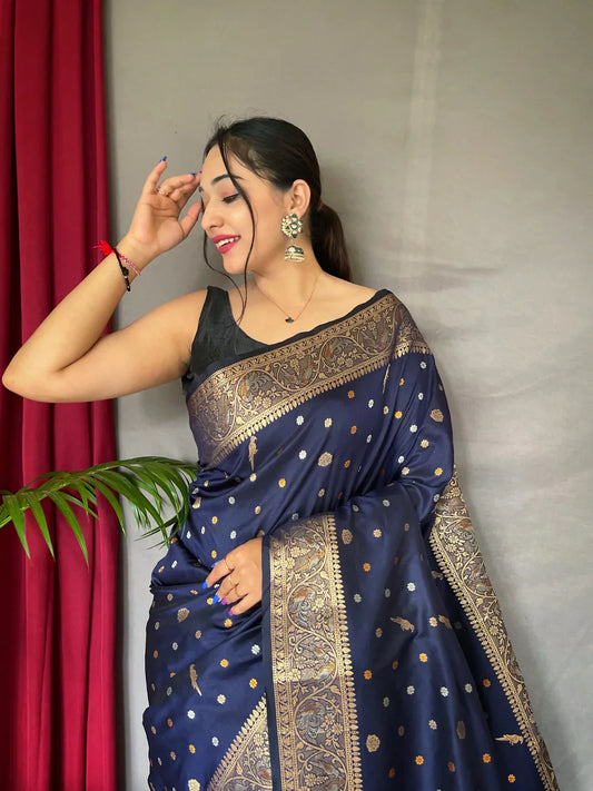 Soft Silk Multi Color Zari Woven Saree Dark Blue