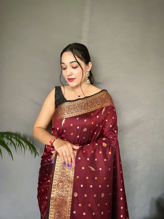 Soft Silk Multi Color Zari Woven Saree Sanguine Brown