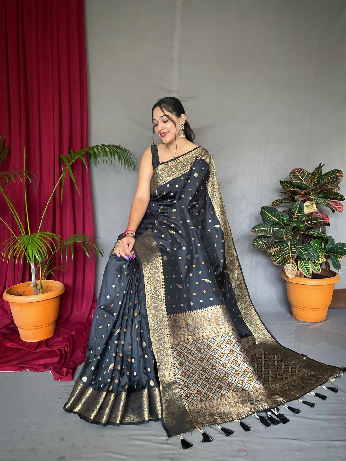 Soft Silk Multi Color Zari Woven Saree Black