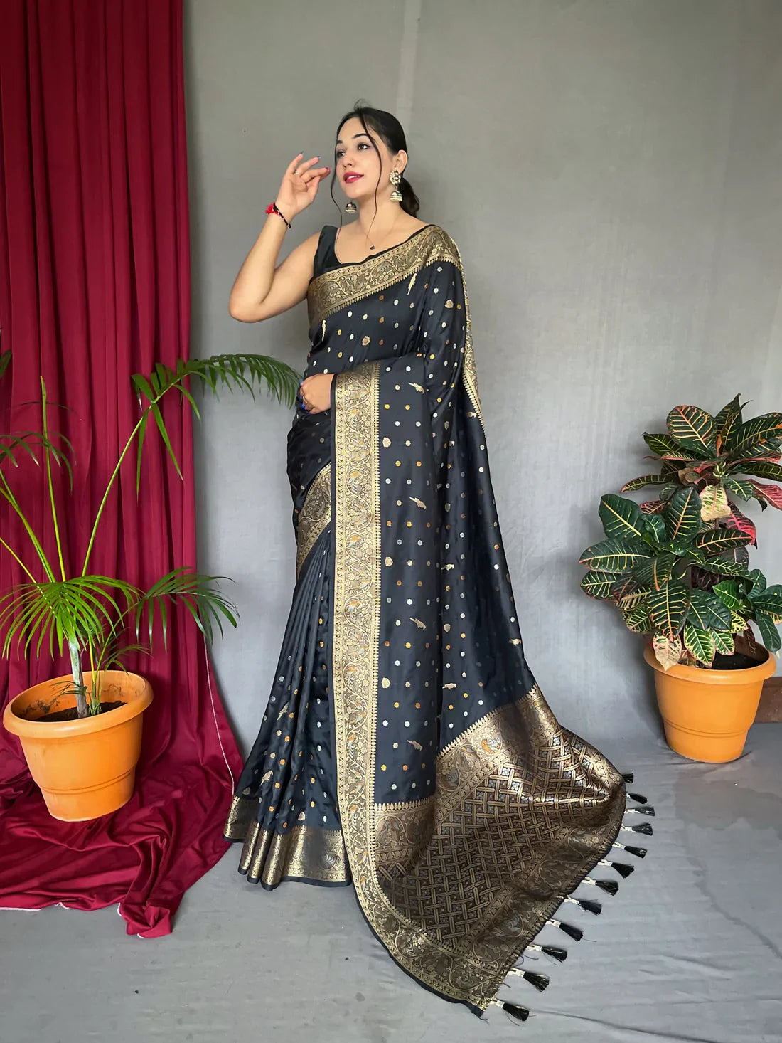 Soft Silk Multi Color Zari Woven Saree Black