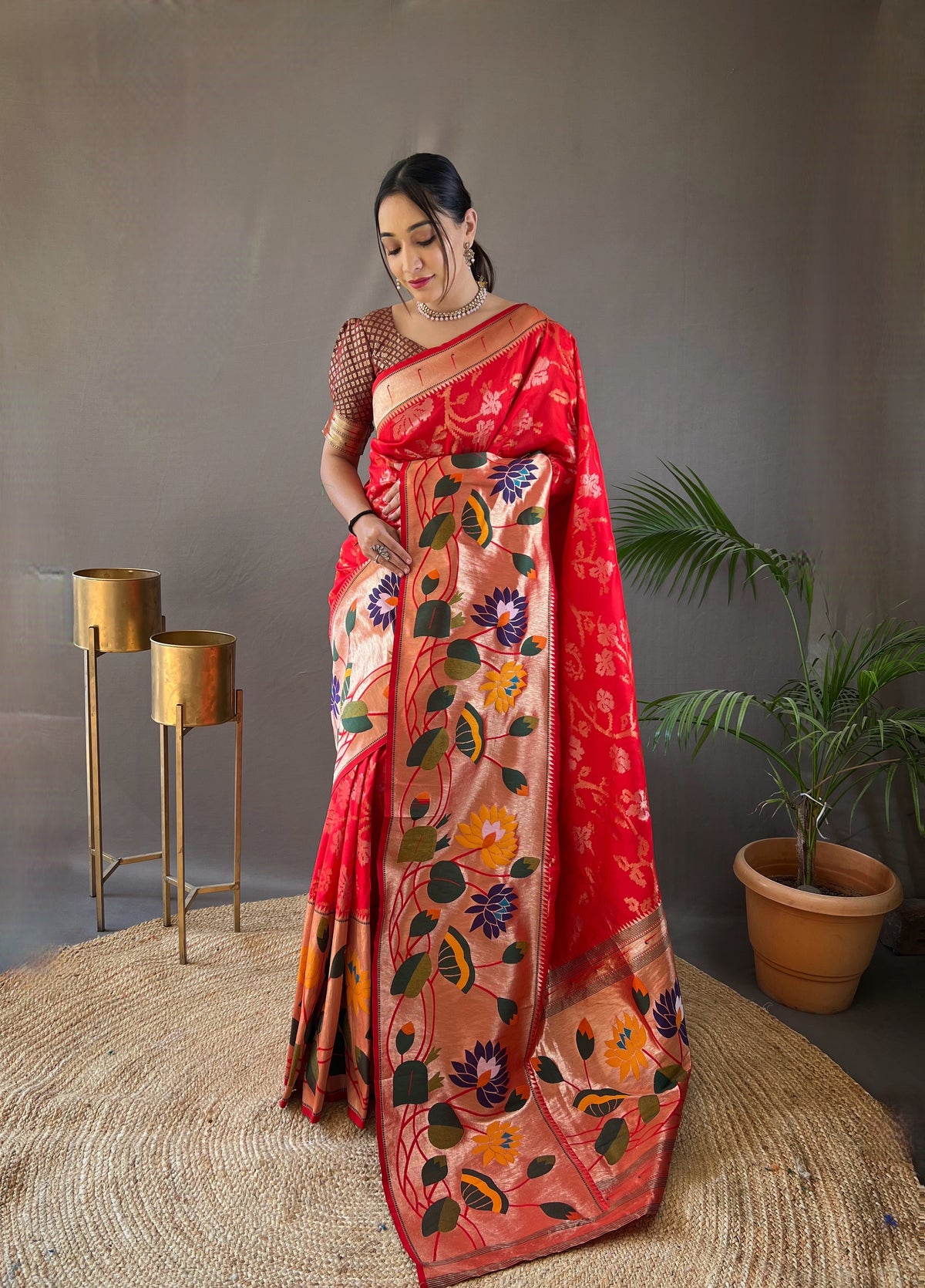 Bridal Red Pure Soft Silk Woven Paithani Saree With Colorful Floral Jaal & Zari Border