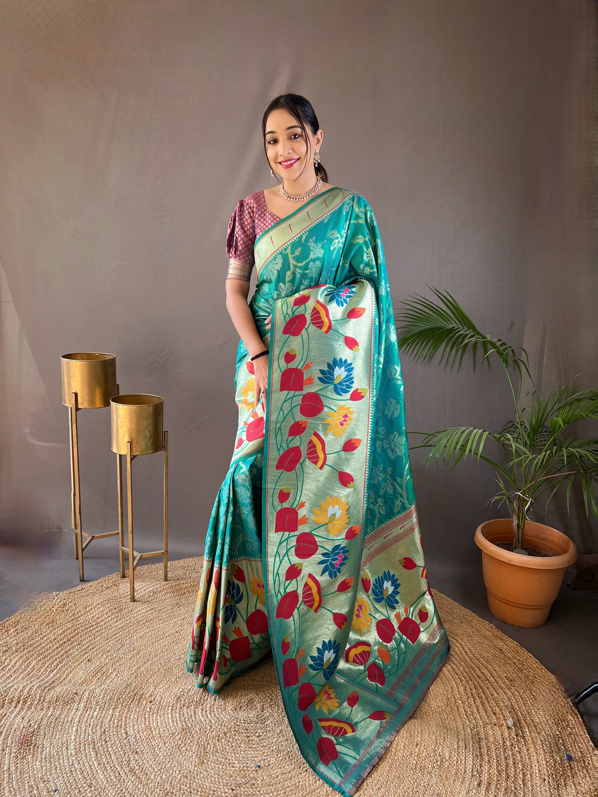 Teal Rama Green Pure Soft Silk Woven Paithani Saree With Colorful Floral Jaal & Silver Border