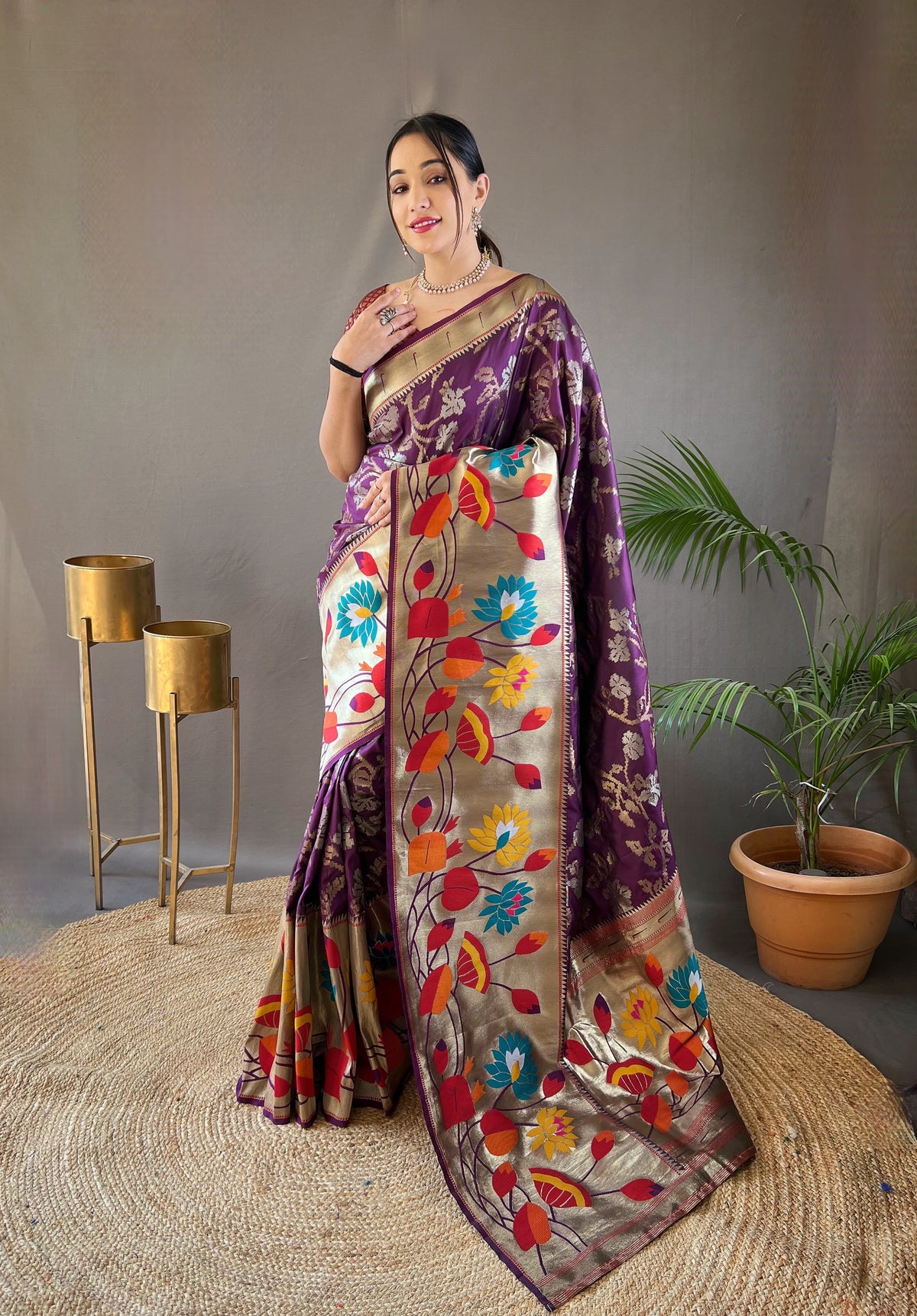 Deep Purple Pure Soft Silk Woven Paithani Saree With Colorful Floral Jaal & Gold Border