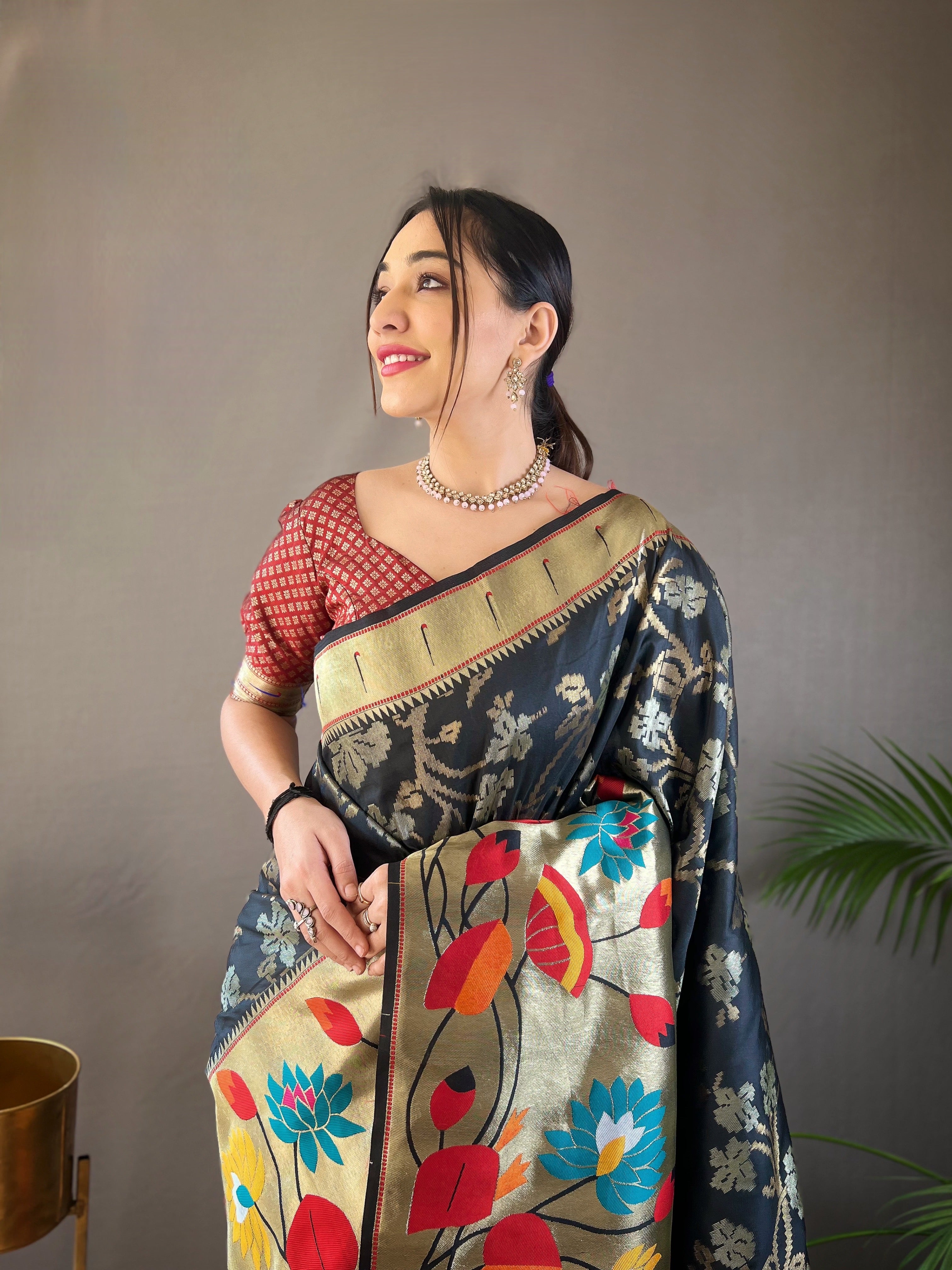 Classic Black Pure Soft Silk Woven Paithani Saree With Colorful Floral Jaal & Silver Gold Border