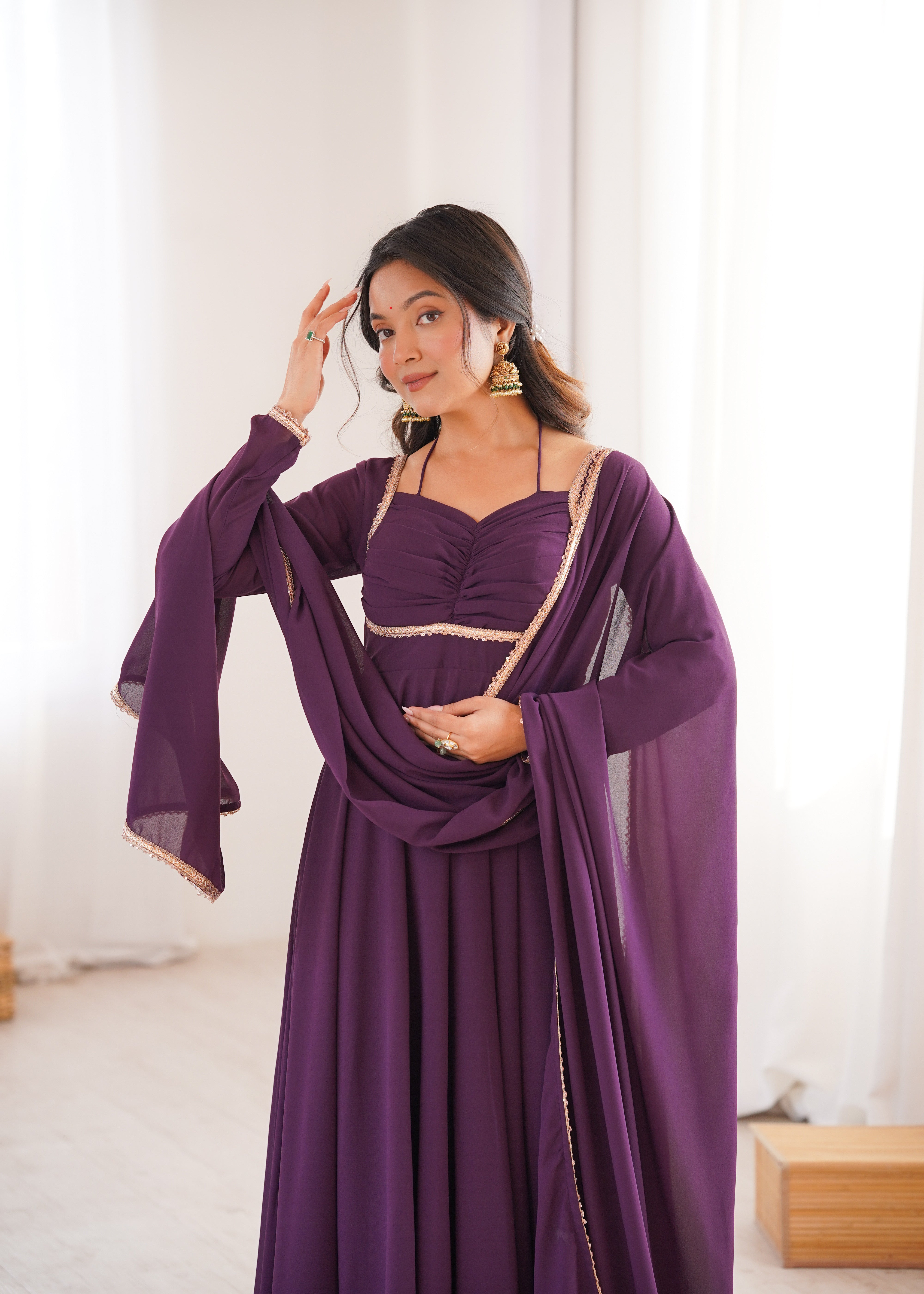 Wine Pure Fox Georgette Anarkali Gown with Dupatta | Ready-to-Wear Full Set