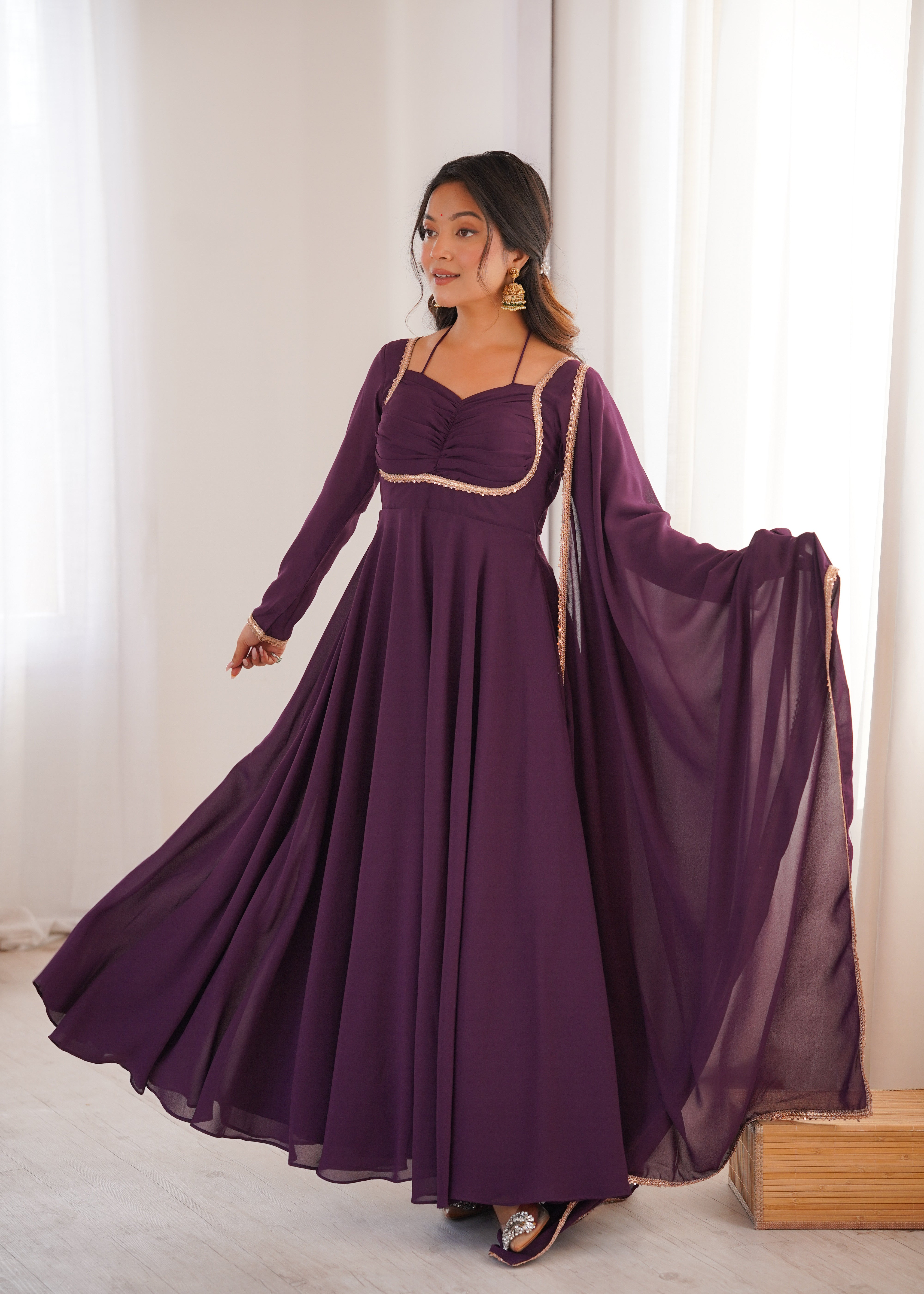 Wine Pure Fox Georgette Anarkali Gown and Dupatta Ready-to-Wear Set by The Beauty Queen Surat