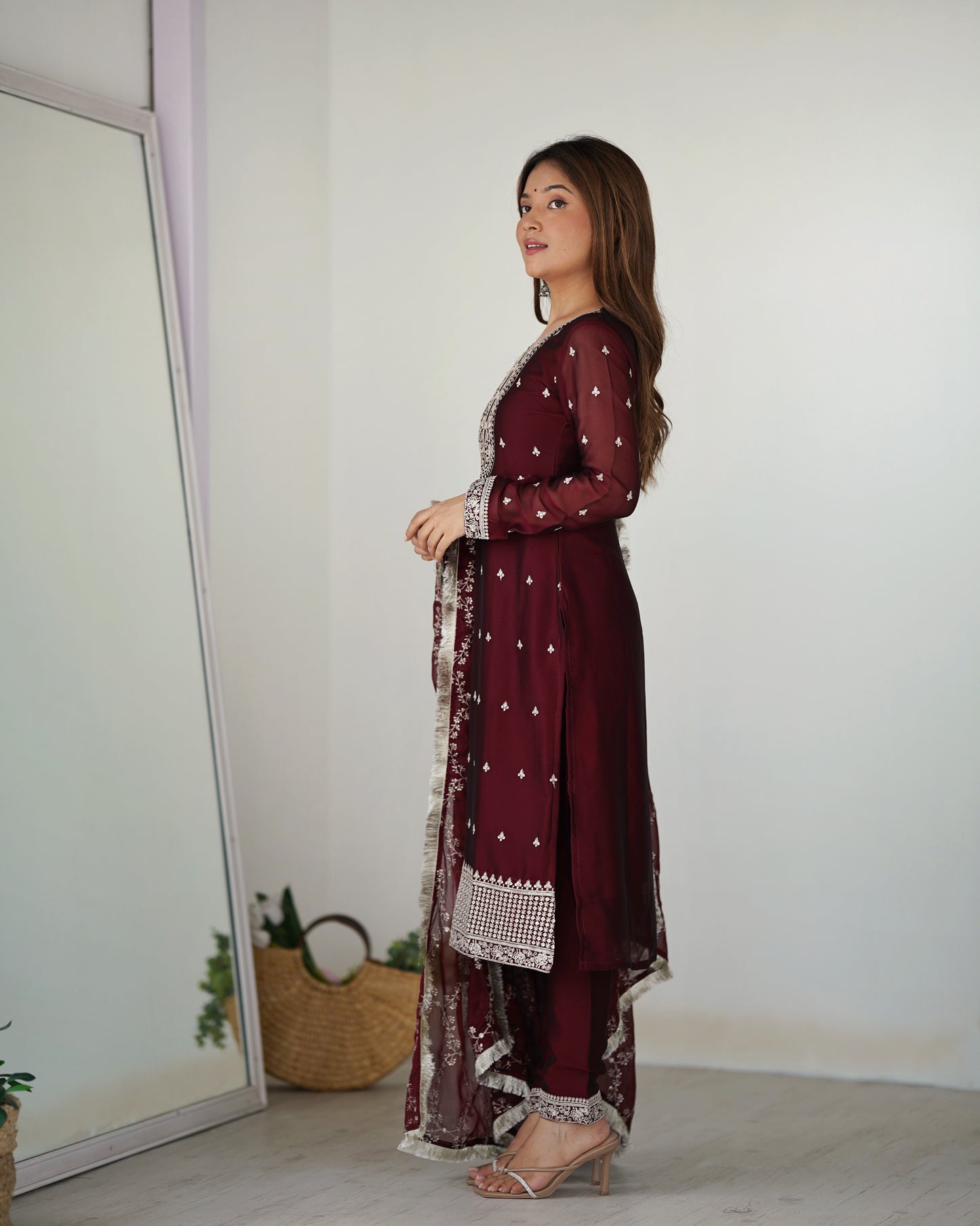 MAROON BEAUTIFUL PURE BLOOMING RANGOLI SILK FABRIC STRAIGHT FIT KURTA WITH DUPPTA SET