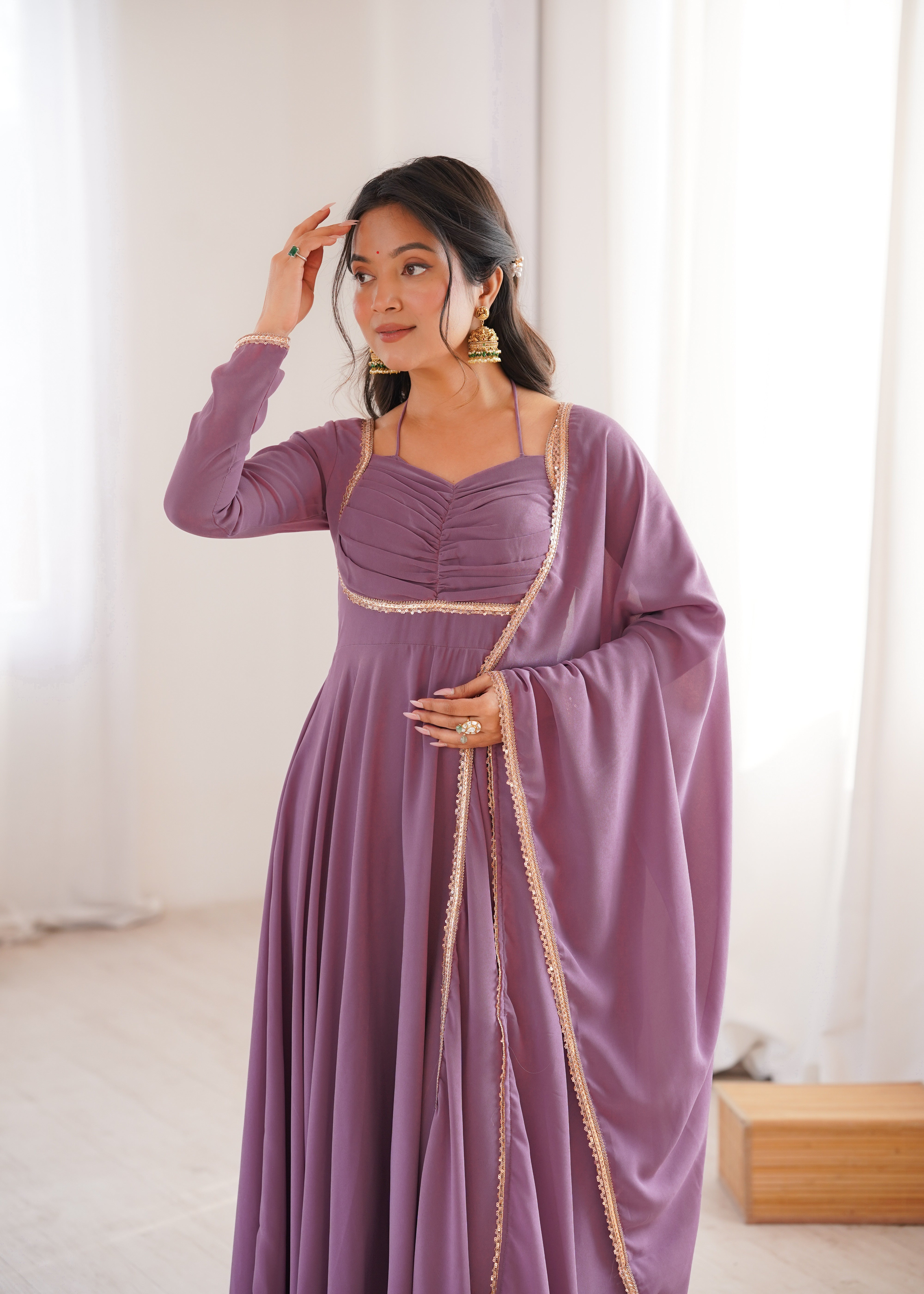 Mauve Pink Pure Fox Georgette Anarkali Gown with Dupatta | Ready-to-Wear Full Set