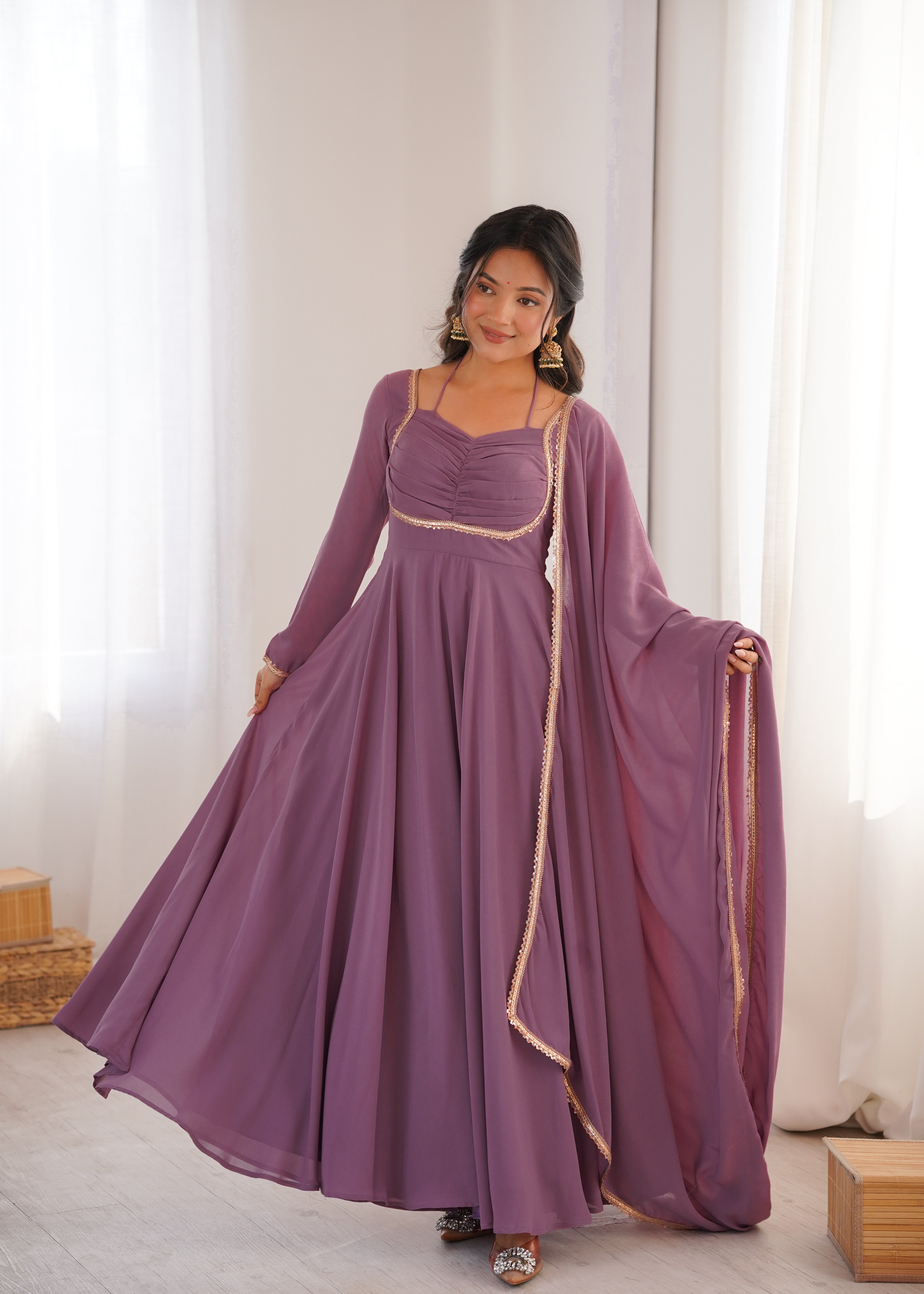 Mauve Pink Pure Fox Georgette Anarkali Gown and Dupatta Ready-to-Wear Set by The Beauty Queen Surat