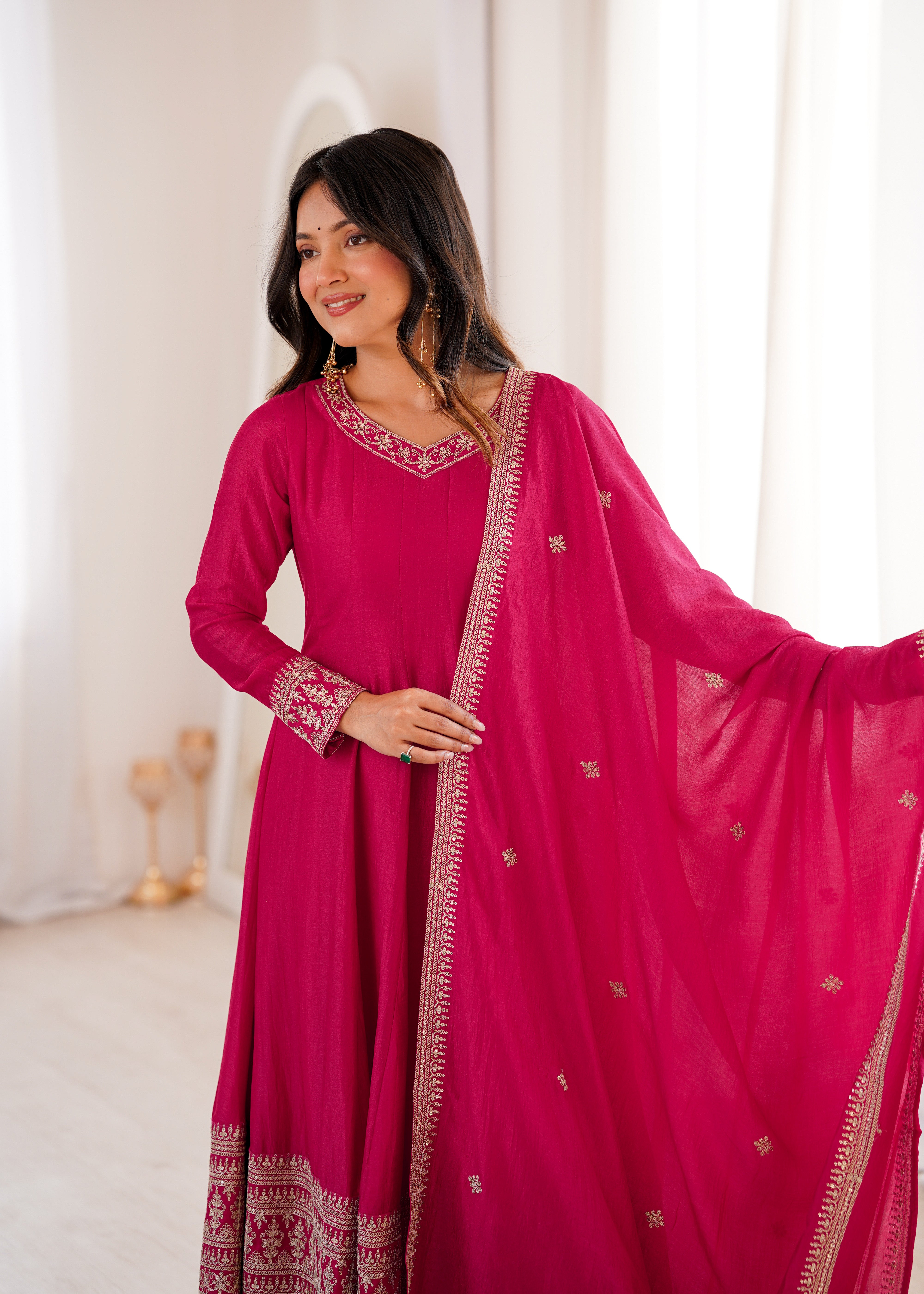 Pink Pure Blooming Vichitra Silk Fabric With Full Kali Pattern Anarkali Suit