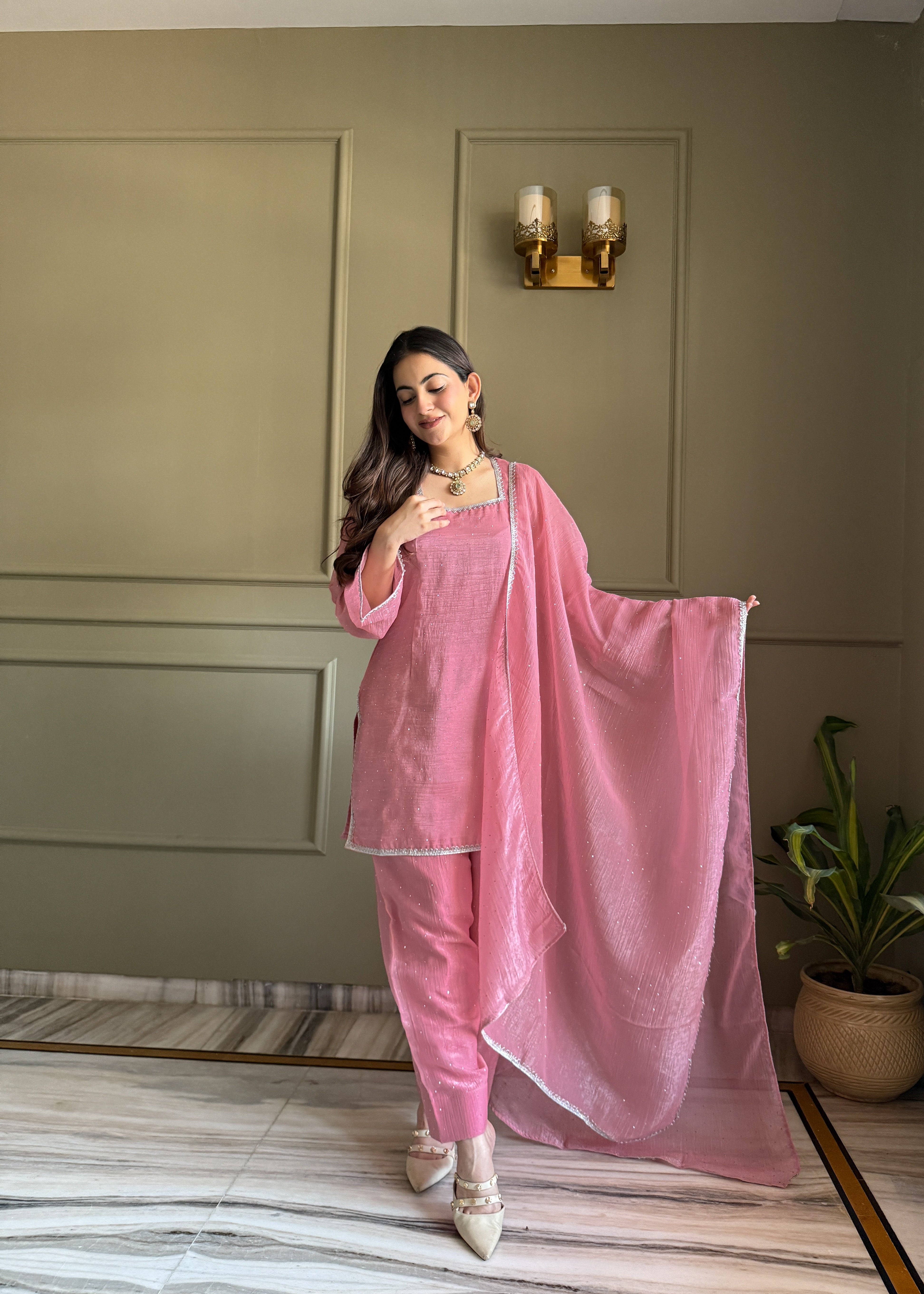 Pink Crunchy Silk Salwar Suit with Siroksy Diamond Work by The Beauty Queen SuratPink Crunchy Silk Salwar Suit with Siroksy Diamond Work by The Beauty Queen Surat