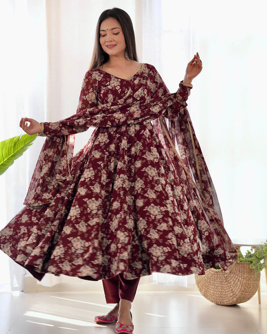 Dark Maroon Heavy Pure Fox Georgette Multi Floral Print Suit