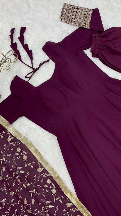 Wine Colour New Georgette Anarkali Gown Duppta Full Set With Pent