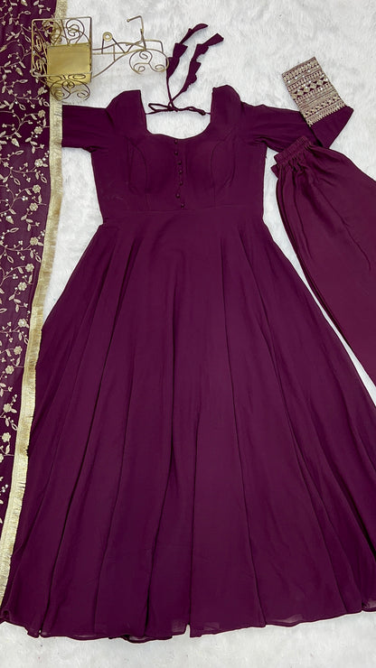 Wine Colour New Georgette Anarkali Gown Duppta Full Set With Pent