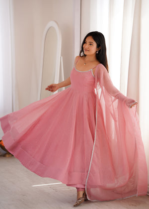 Rose pink crunchy silk fully flared Anarkali suit with Swarovski work and dupatta
