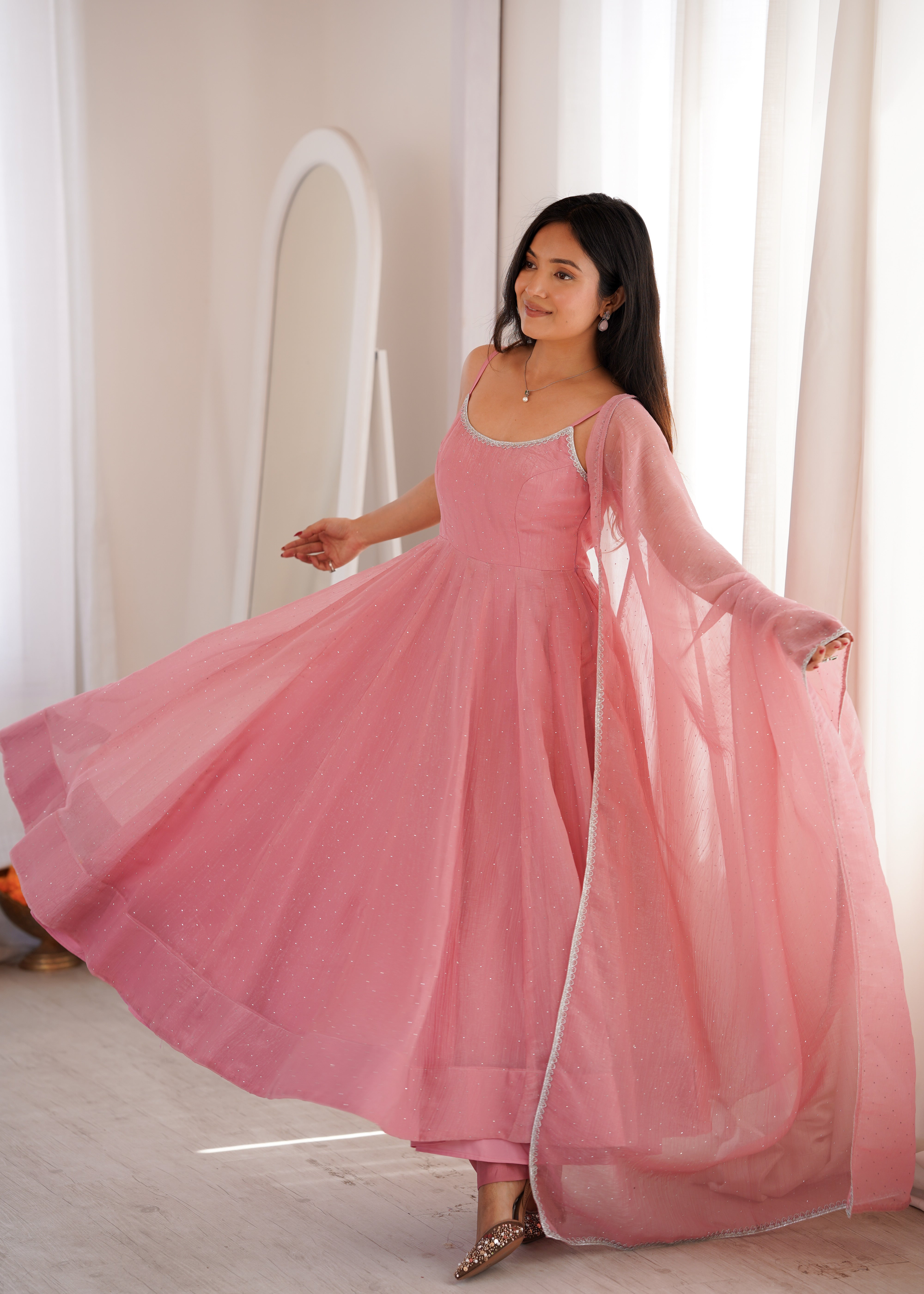 Rose pink crunchy silk fully flared Anarkali suit with Swarovski work and dupatta
