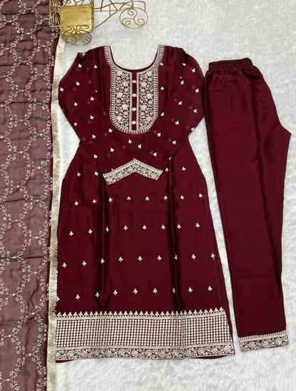 MAROON BEAUTIFUL PURE BLOOMING RANGOLI SILK FABRIC STRAIGHT FIT KURTA WITH DUPPTA SET