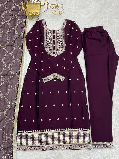 WINE BEAUTIFUL PURE BLOOMING RANGOLI SILK FABRIC STRAIGHT FIT KURTA WITH DUPPTA SET (Copy)