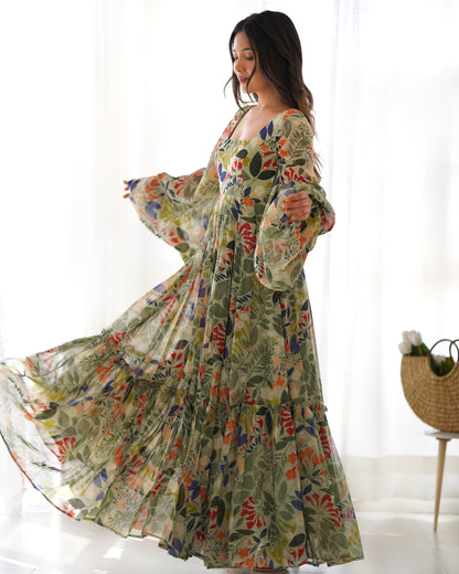 Mehndi Color Heavy Pure Soft Fox Georgette Floral Print Gown