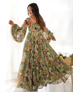 Mehndi Color Heavy Pure Soft Fox Georgette Floral Print Gown