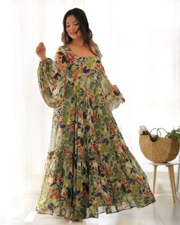 Mehndi Color Heavy Pure Soft Fox Georgette Floral Print Gown