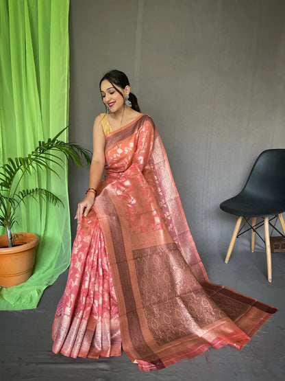 Organza Jaal Woven Saree Coral Pink