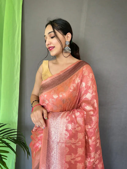 Organza Jaal Woven Saree Coral Pink