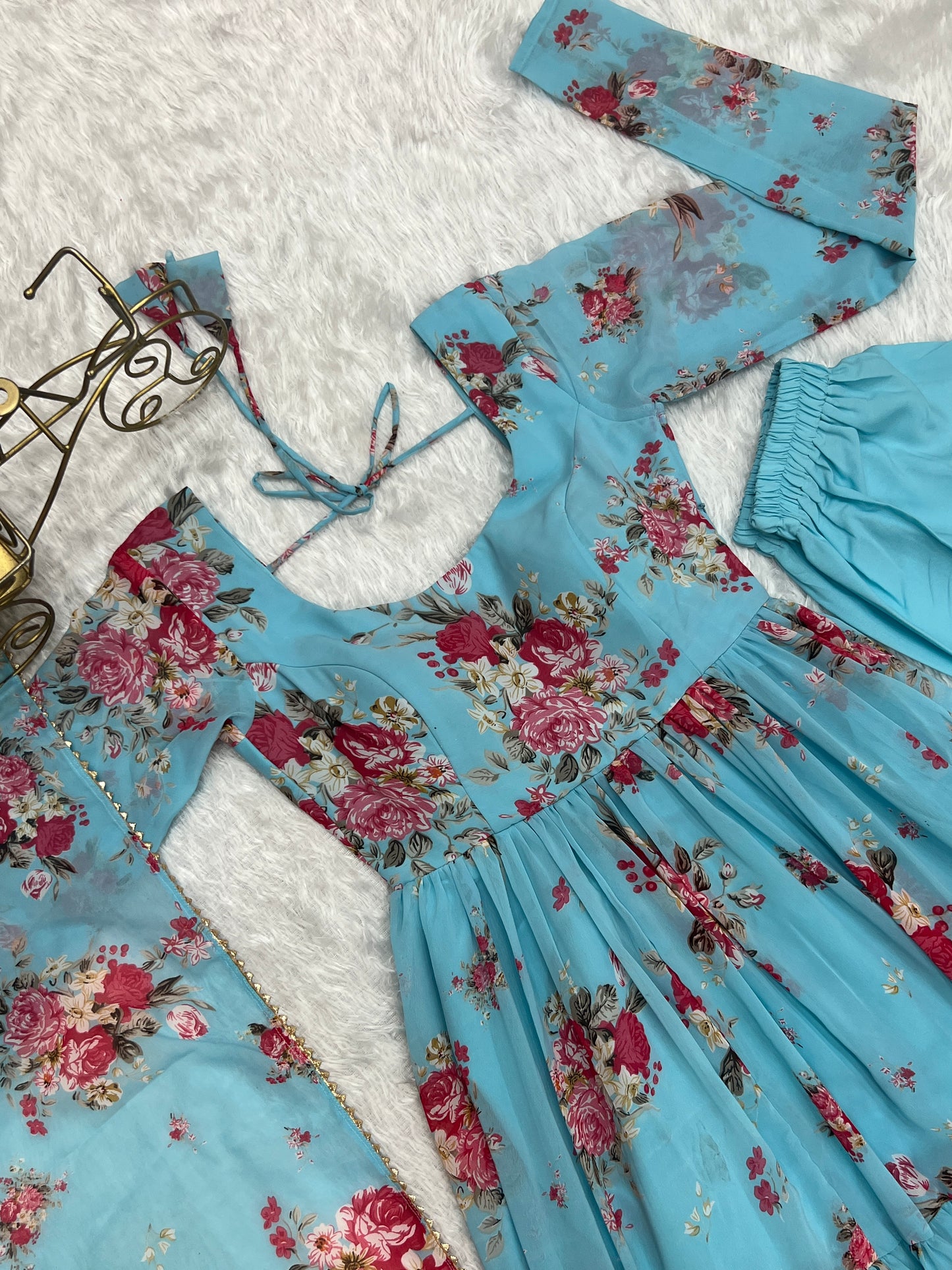 Sky Blue Heavy Pure Fox Georgette Multi Floral Print Suit