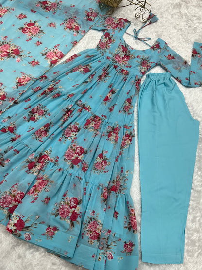 Sky Blue Heavy Pure Fox Georgette Multi Floral Print Suit